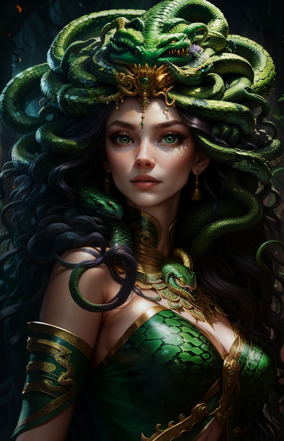 a close-up of a woman with a snake head and a green dress, beautiful female gorgon, Medusa kochen, weibliche Medusa mit langen Haaren, Queen of Snakes, dark Queen of Snakes, Schlangenfrau hybrid, Schlangenfrau, ihre vielen Schlangen als Haare, Portrait of Medusa, Medusa Portrait Painting, langes wallendes Medusenhaar, epische exquisite Charakterkunst, Fantasiefrau