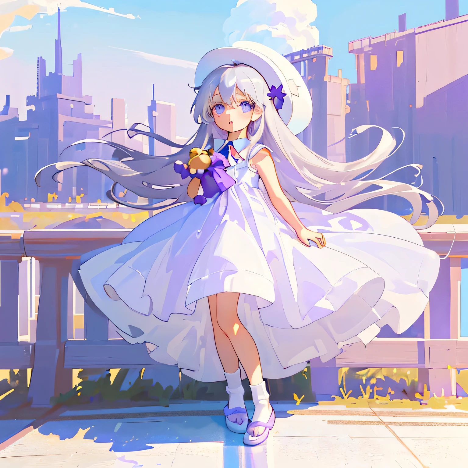 ((masterpiece)),((best quality)),((high detail)),long silver hair, gradient purple to sky blue eyes,white long plain dress, holding a teddy bear,no footwear, feet,(((loli))), (((child))) , short
