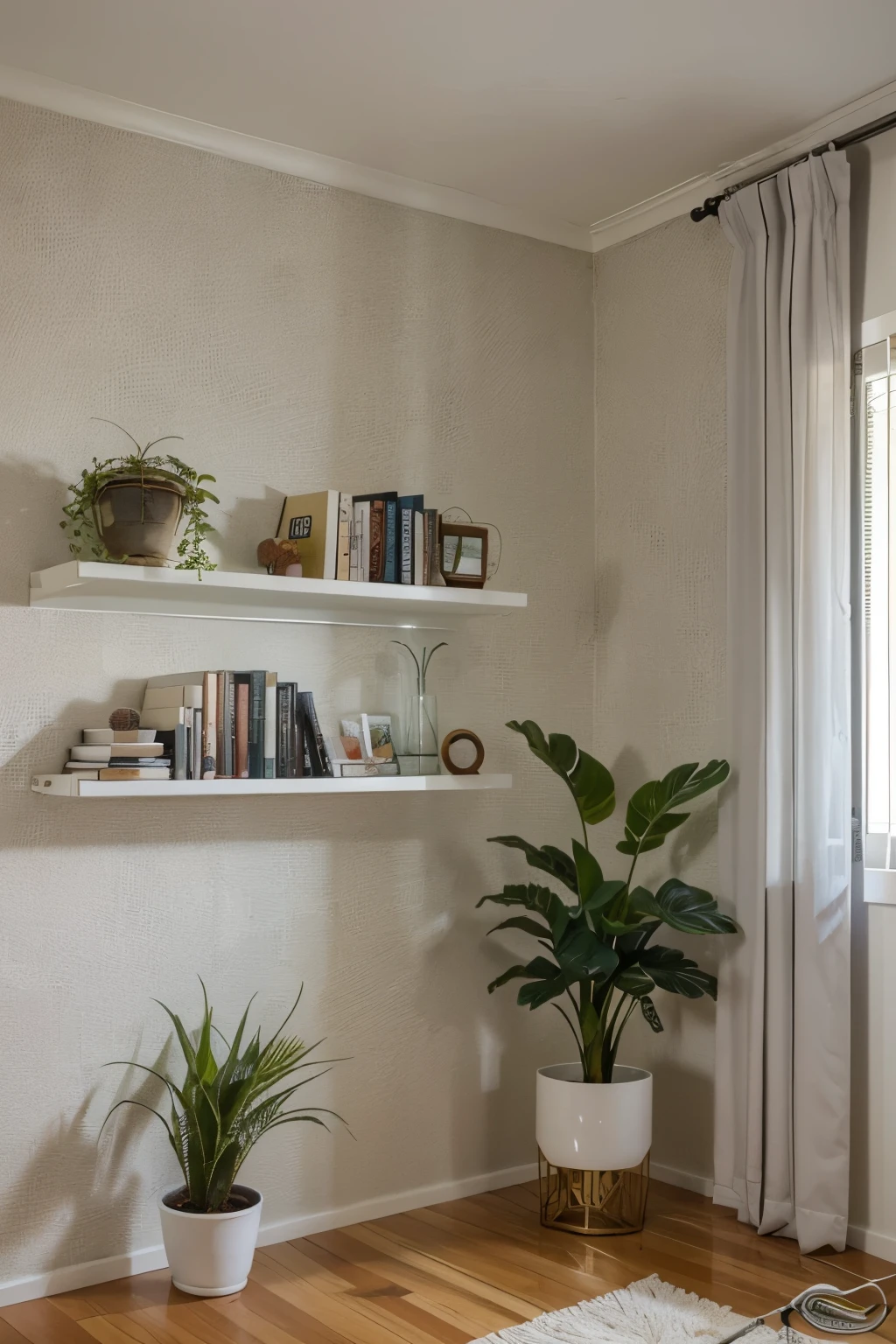 CREATE A SCENARIO FOR A VIDEO BACKGROUND, MODERNO, COM PAREDES AMARELAS, UMA PRATELEIRAS NA PAREDE COM LIVROS E ALGUNS ENFEITESC COMO PLANTAS, QUADROS, ESCULTURAS.