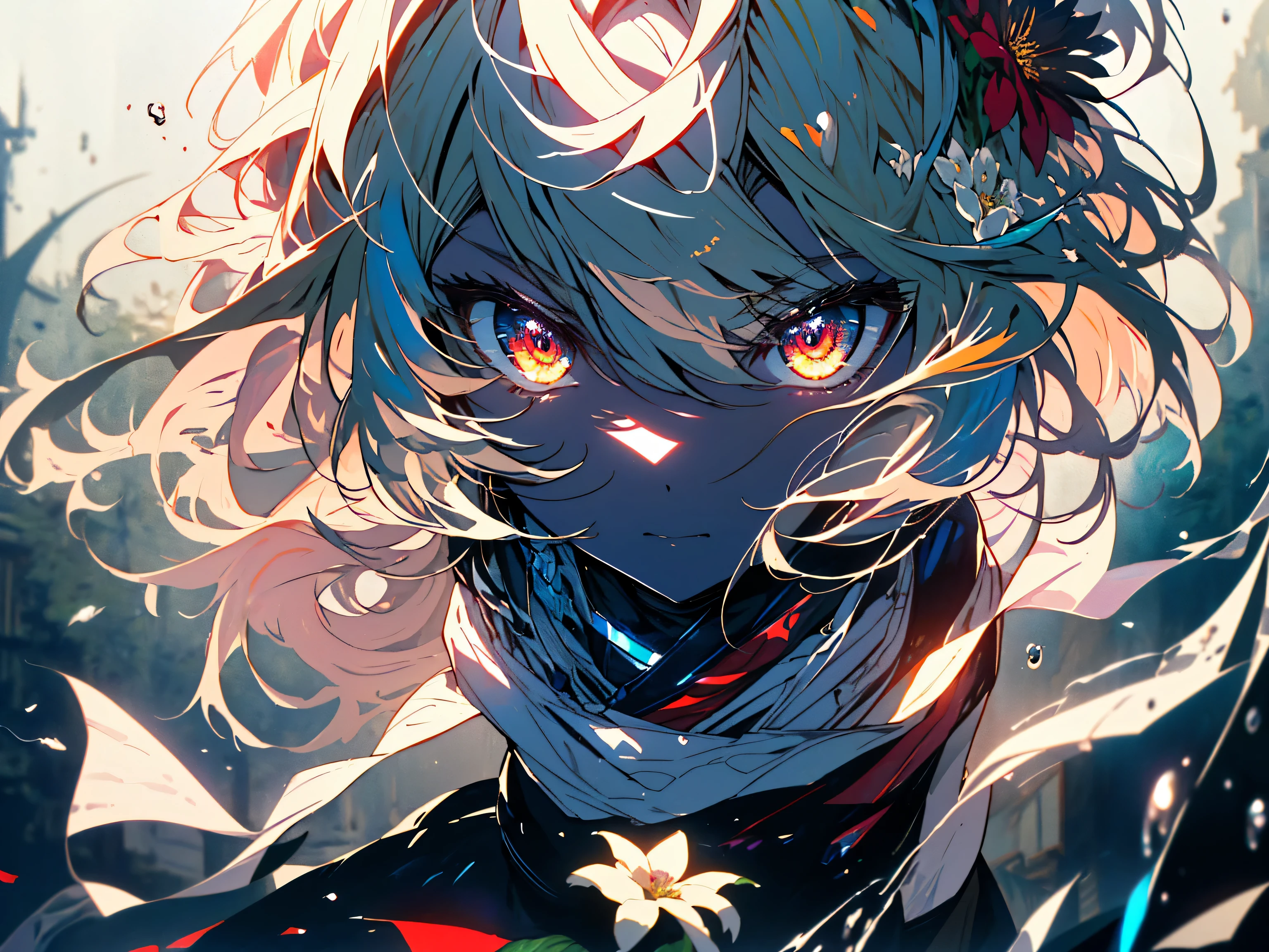 (highest quality、masterpiece、High resolution、detailed)、(Shining eyes、detailed beautiful face)、color ink painting,(splash of color),colorful splash,(((colorful),(sketch:0.8), masterpiece,highest quality, Beautifully painted,very detailed,(noise removal:0.6 ), (beautiful detailed sky),moon,very detailed,Colorama rainbow RGB skin tone masterpiece, highest quality, very detailed CG Unity 8k 壁紙,masterpiece, highest quality, super detailed, {Fantastic Media}, Limited palette, one girl, red eyes, blonde hair, full body, flower background、beautiful anime
