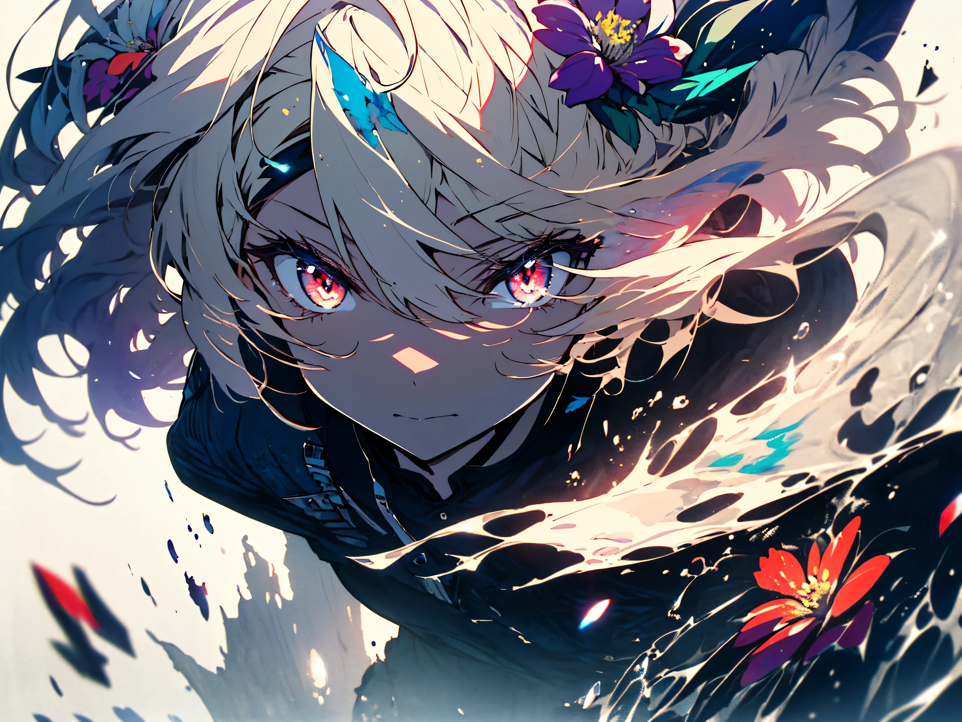 (highest quality、masterpiece、High resolution、detailed)、(Shining eyes、detailed beautiful face)、color ink painting,(splash of color),colorful splash,(((colorful),(sketch:0.8), masterpiece,highest quality, Beautifully painted,very detailed,(noise removal:0.6 ), (beautiful detailed sky),moon,very detailed,Colorama rainbow RGB skin tone masterpiece, highest quality, very detailed CG Unity 8k 壁紙,masterpiece, highest quality, super detailed, {Fantastic Media}, Limited palette, one girl, red eyes, blonde hair, full body, flower background、beautiful anime