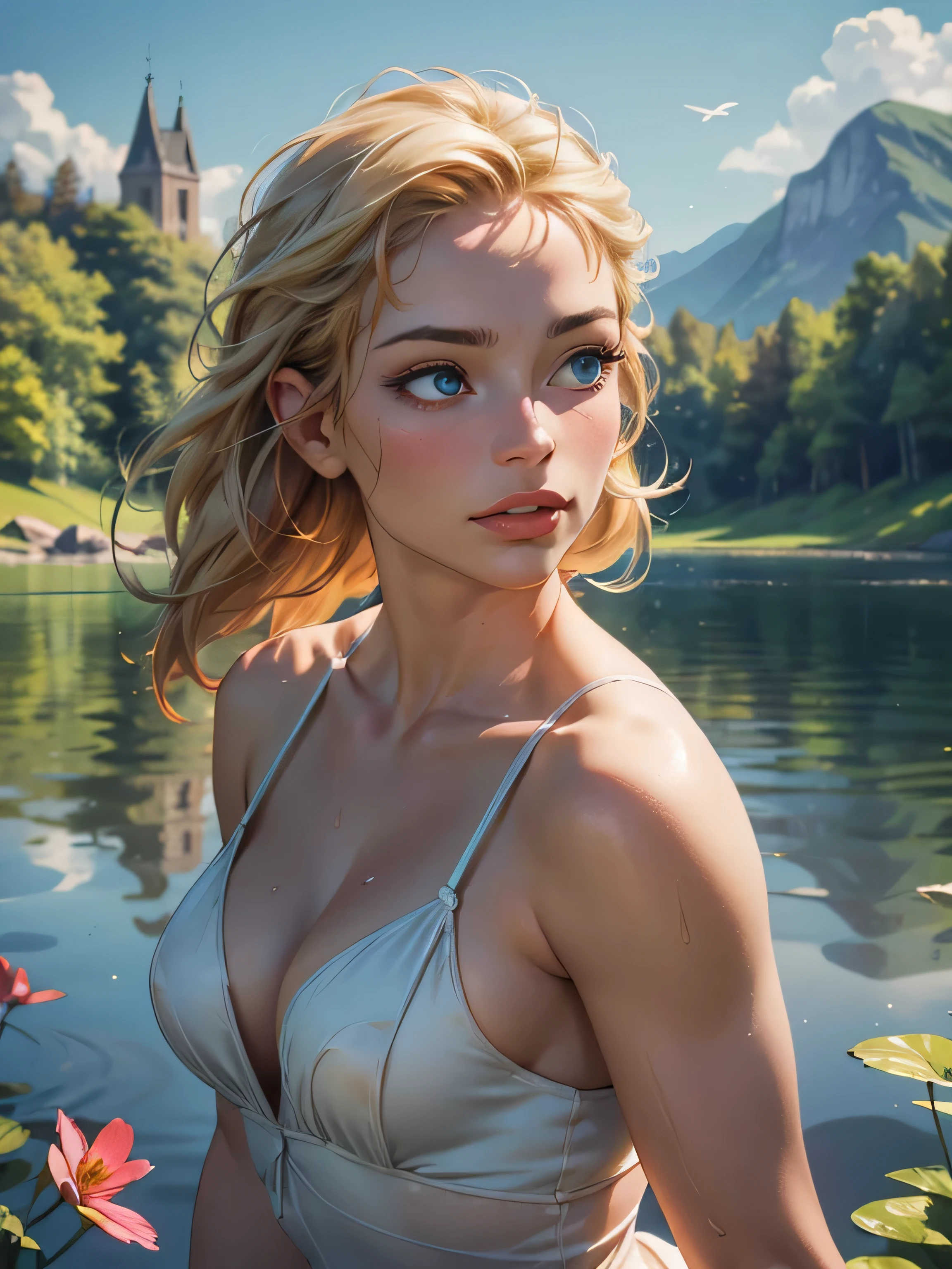 (best quality,4k,8k,highres,masterpiece:1.2),ultra-detailed,(realistic,photorealistic,photo-realistic:1.37),beautiful detailed eyes,beautiful detailed lips,extremely detailed eyes and face,long eyelashes,blonde short girl,blue eyes,cleavage,standing in a lake,wet skin,sunshine,water reflection,serene atmosphere,natural lighting,soft breeze,flowers around her,serene expression,vibrant colors,reflection of the sky in the lake,fresh and clean environment,dynamic pose,sparkling water,rippling waves,dancing ripples,clear blue sky,gentle sunlight,calmness and tranquility,aesthetic scenery,realistic portrayal,subtle shadow and highlights,sublime beauty,natural beauty,harmony with nature,unforgettable moment,joyful and vibrant,refreshing,exquisite fine details,warm and inviting,ethereal and dreamy.