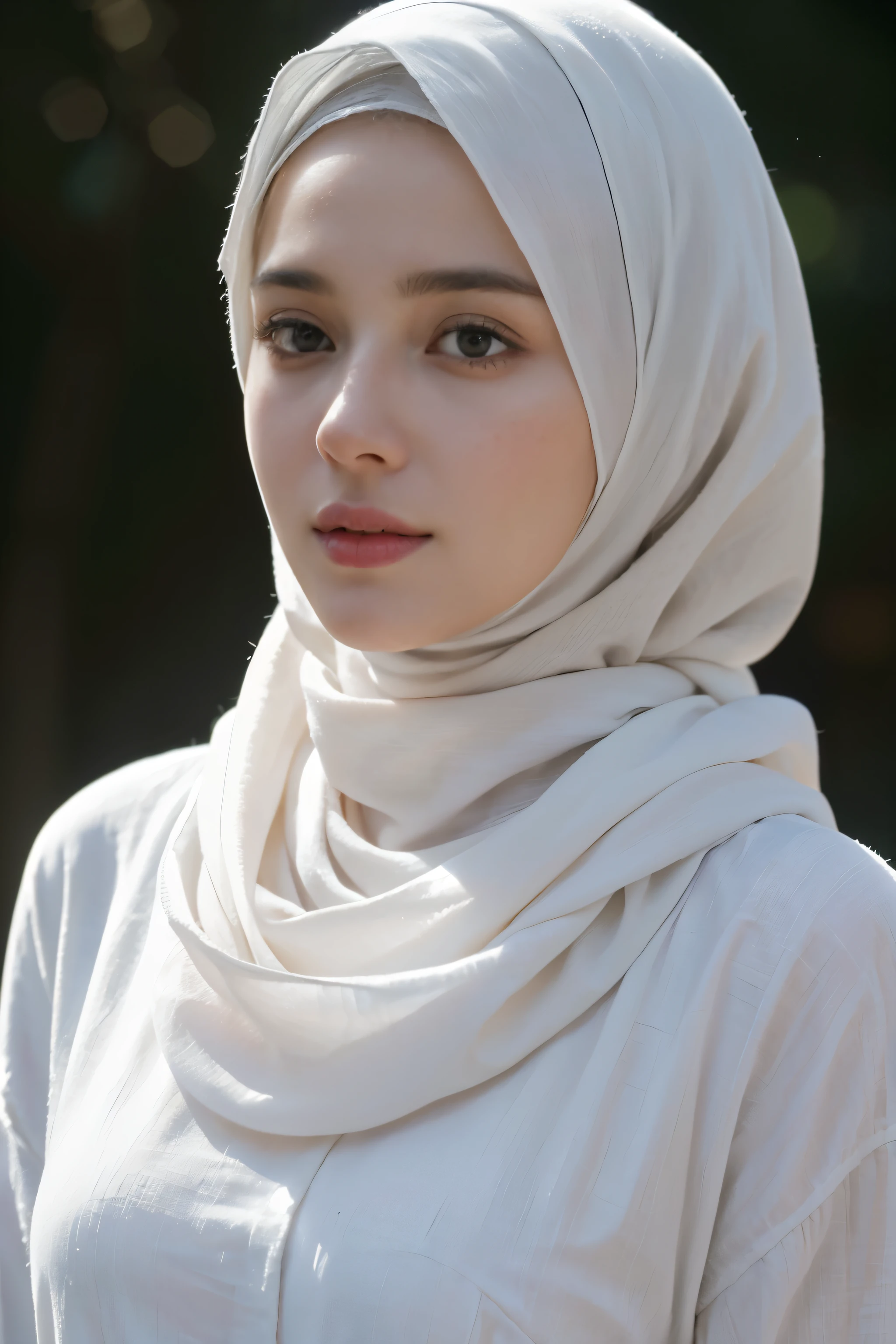 Masterpiece, top image quality, high resolution, solo presentation, Yemeni girl between 20 to 25 years old, wearing a beautiful white hijab and modest clothes, captivating black eyes, concise and direct, realistic yet creative and clever compositions. Unexpected face shape reminiscent of Nicole Kidman's ethereal allure, avoiding overly generic or repetitive photo concepts.