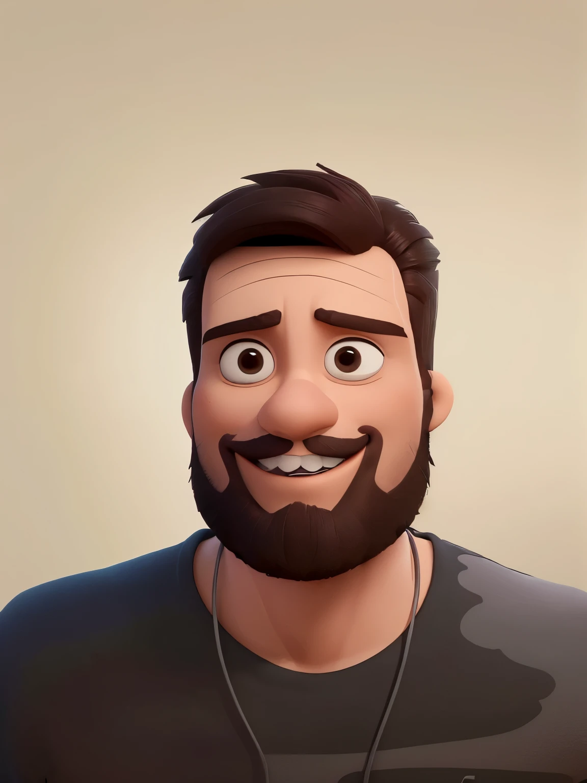 homem de 27 anos, with a more serious smile, barba cheia curta, cabelo curto, black, slanted medium eyes, com olheiras, straight eyebrows with a more serious look, fundo com parede branca, usando colar fino, camiseta camuflada, nariz normal com contorno reto com base empinada e ponta levemente afinada, defined normal lips, dentes brancos e alinhados