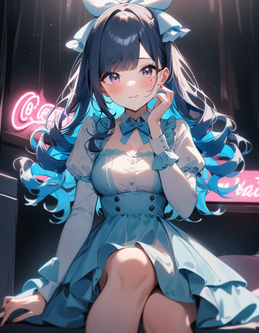 1girl, idolmaster, idolmaster shiny colors, Neon Sign, PENeonSign, neon sign, glowing, colorful, masterpiece, best quality, very aesthetic, absurdres, bangs, blue hair, blunt bangs, blush, bow, breasts, closed mouth, commentary request, dress, drill hair, hair bow, hand on own face, highres, idolmaster, idolmaster shiny colors, juliet sleeves, long hair, long sleeves, looking at viewer, medium breasts, mole, mole under eye,