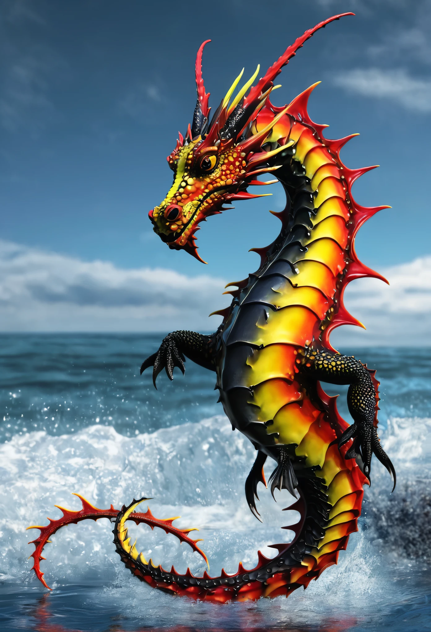 Sea dragon with red and yellow colors with black details, amigable. Esta en un mar cristalino, el monstruo esta sosteniendo una cesta en su boca