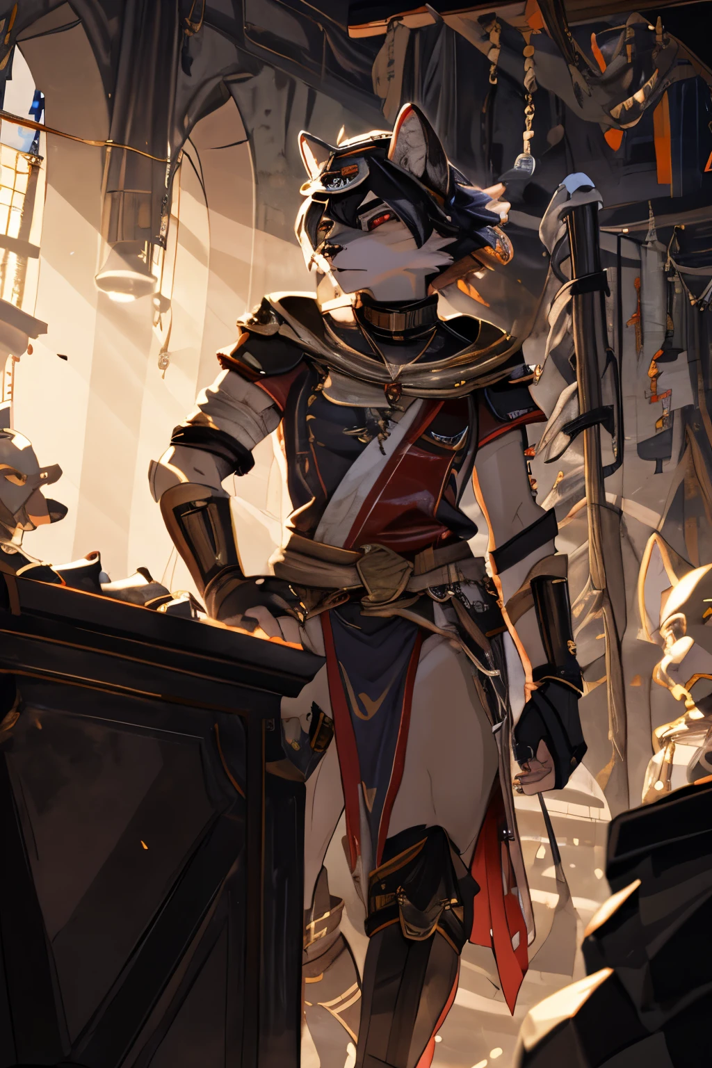 an anthropomorphic character, in warrior clothes , holding a gun. dramatic digital art, cinematic scene