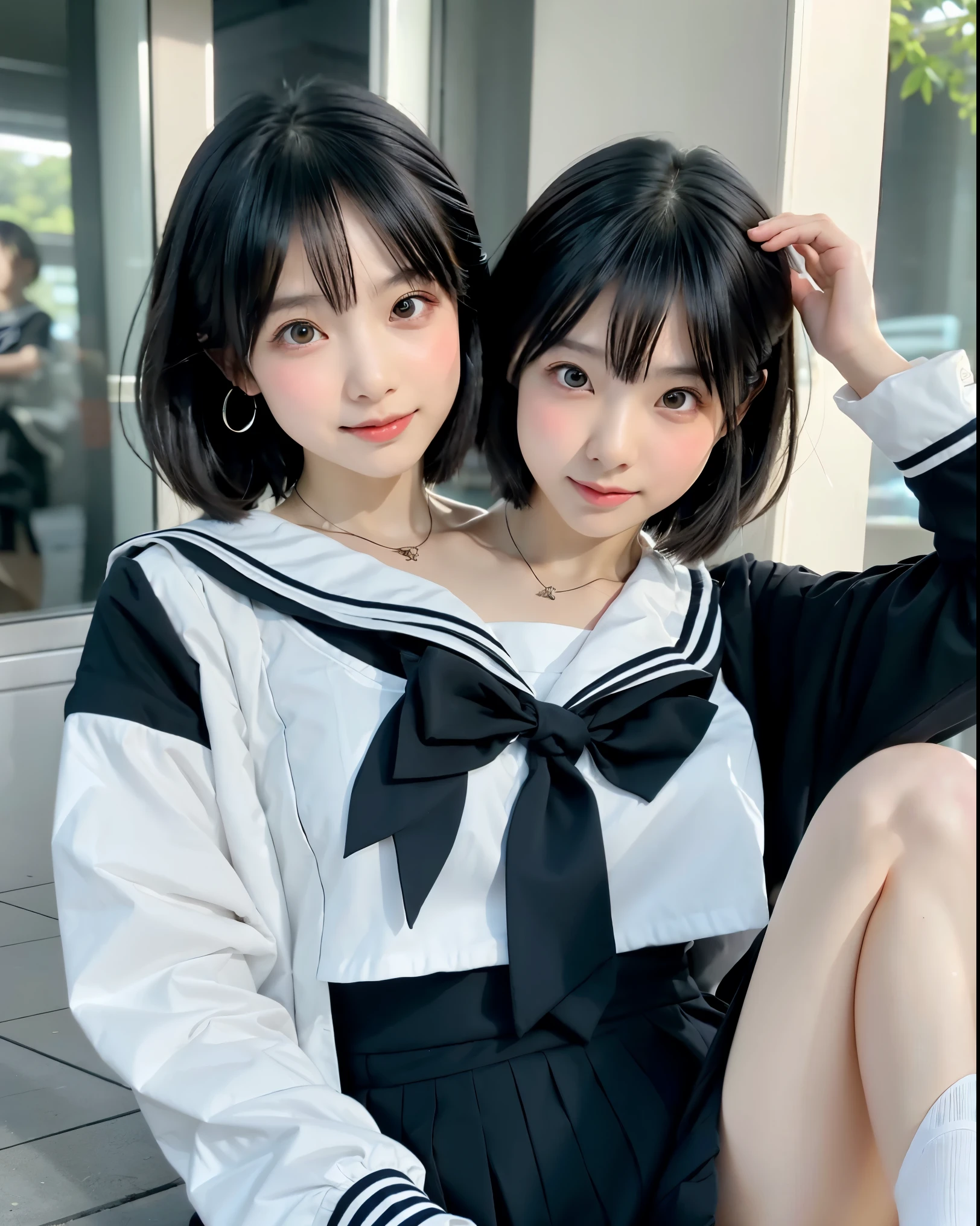 (highest quality、8k、32K、masterpiece、Hmm:1.2)、cute japanese woman pictures、black short hair、beautiful face、take off socks、trying to take off the miniskirt、Change of clothes、Change of clothesのためにポーズをとるsailor suitを着た日本女性, I can see my pants、surreal , surreal , attractive, cute , sailor suit, japanese , japanese girl uniform, beautiful attractive teen, wearing japanese, photorealistic girl rendering、small、short hair、necklace、earrings, conjoined_dicephalus, (two heads:1.2)