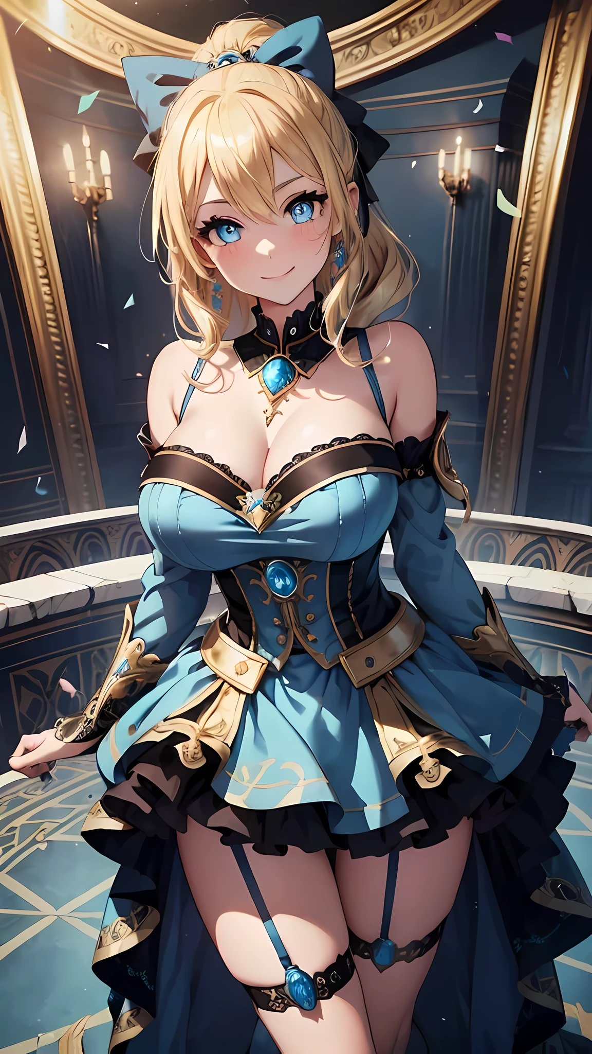 (masterpiece), best quality, expressive eyes, perfect face,(((1 girl))),(blue and black ornate idol dress:1.3)),(huge breasts 1.5),(thigh gap 1.5),crystal amulet,concert,confetti,garter belt,high heels,(blonde hair),ponytail,sidelocks,bow,cleavage,looking at viewer,light smile, eyeshadows, eye liner,glistening eyes, hyper detailed eyes, intricate eyes, beautiful eye, ((glowing blue pupils))、standing,head tilt,standing on one leg,sexy pose,smiles,full body