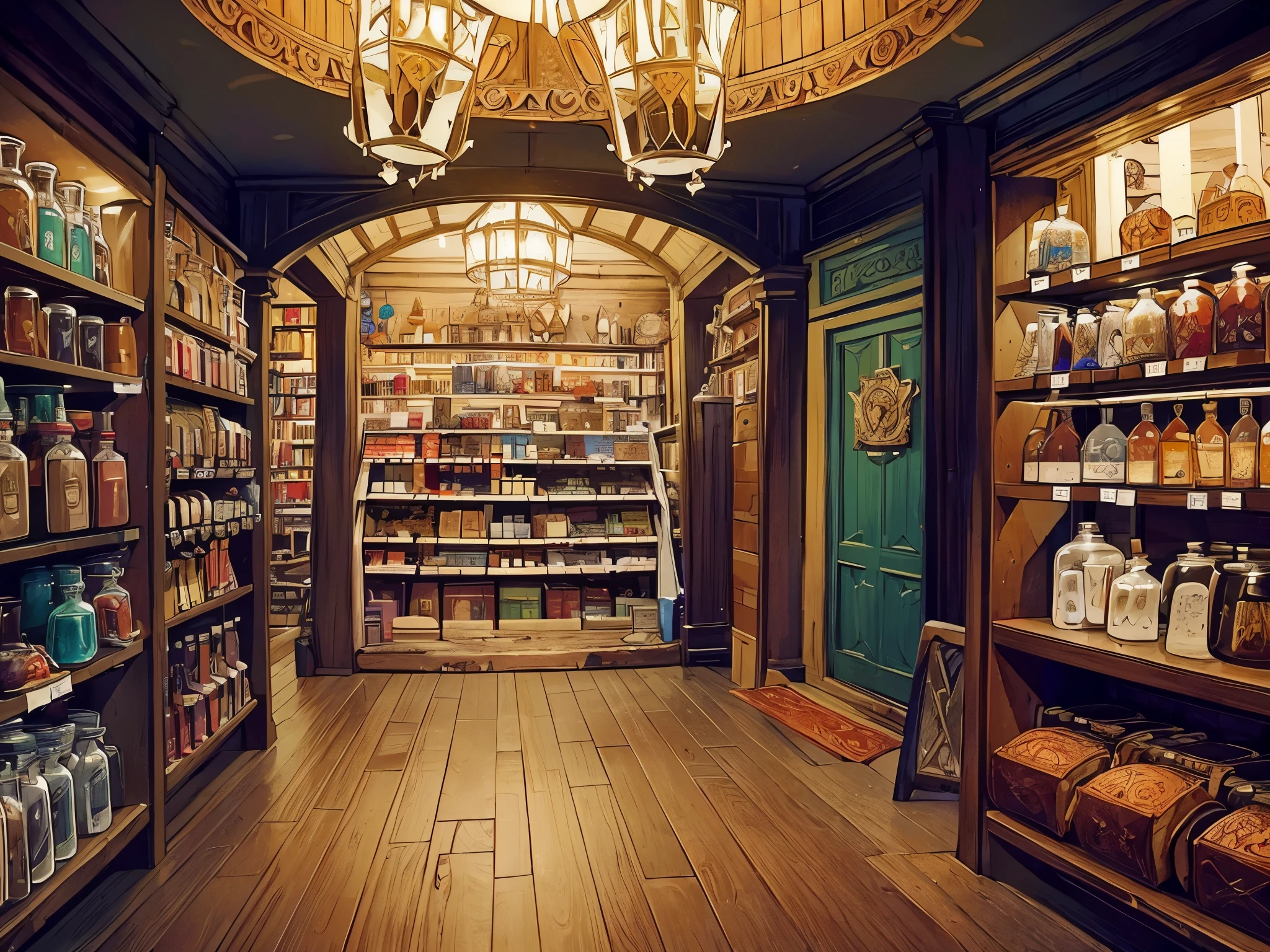 (medieval world, role-playing, fantasy setting) interior of a black market store, gypsy decoration, wells, book shelves, alchemical ingredients, stuffed animals, jars with pickled things, gypsy elements, mystical symbols (Cloudy day, morning, no people, just the scene) Interior of the store, dark appearance, poor lighting, gloomy appearance