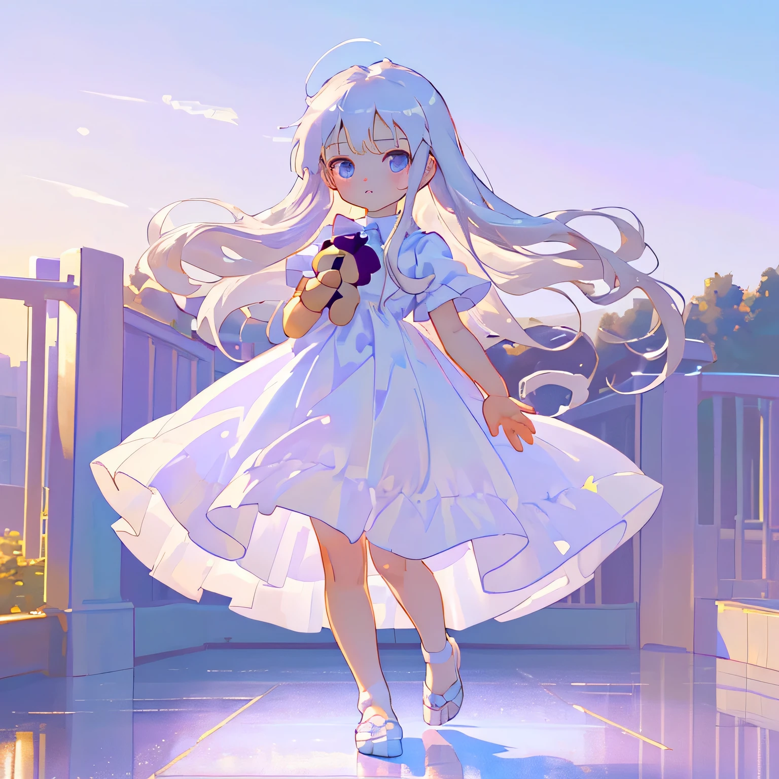 ((masterpiece)),((best quality)),((high detail)),long silver hair, gradient purple to sky blue eyes,white long plain dress, holding a teddy bear,no footwear, feet,(((loli))), (((child))) , short