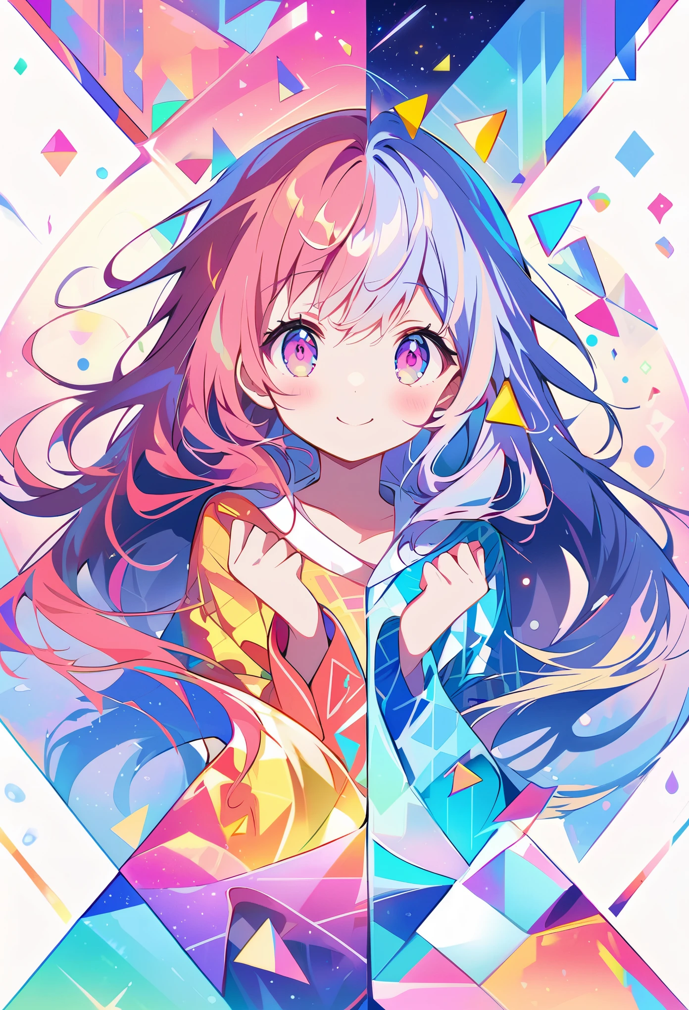 Seamless geometry，blank background，Geometric puzzle style，cute girl, shining eyes, 16 years old,  hapiness，cute smile，flowing hair，Light blue geometric pattern yukata，周围有Colorful geometric shapes，Vibrant colors，Sparkling fireworks in the background，Colorful geometric shapes，eye-catching composition，abstract pattern，Geometric symmetry，Striking visual impact，artistic interpretation，expressive brushstrokes，Translucent layers，contrasting tones，Warm and cool light exposure，Ethereal and magical atmosphere，seductive and captivating scene