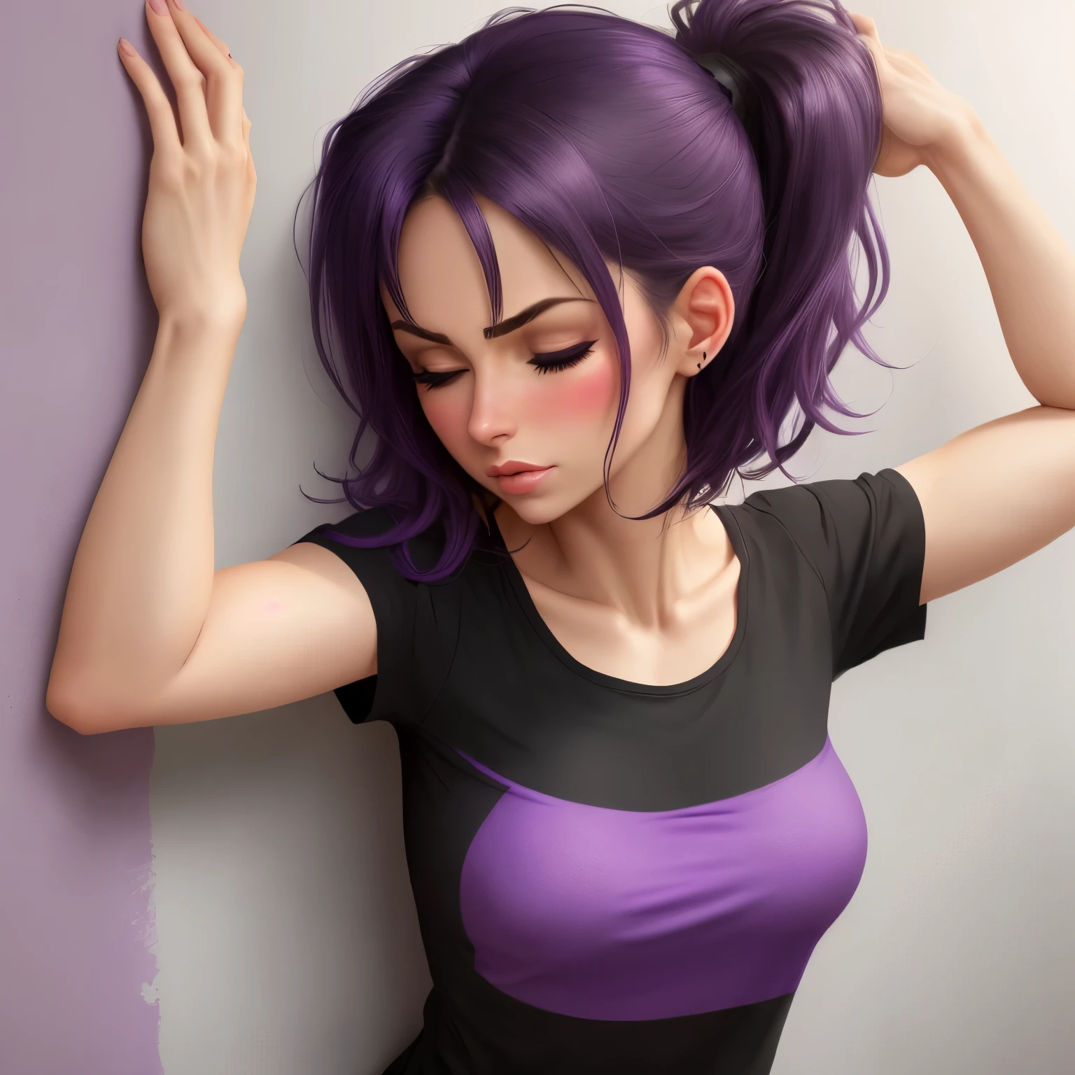 a short sexy woman wearing purple t shirt and black tracks, pinned against the wall, eyes closed, lips parted, blushing intensely, ready to kiss