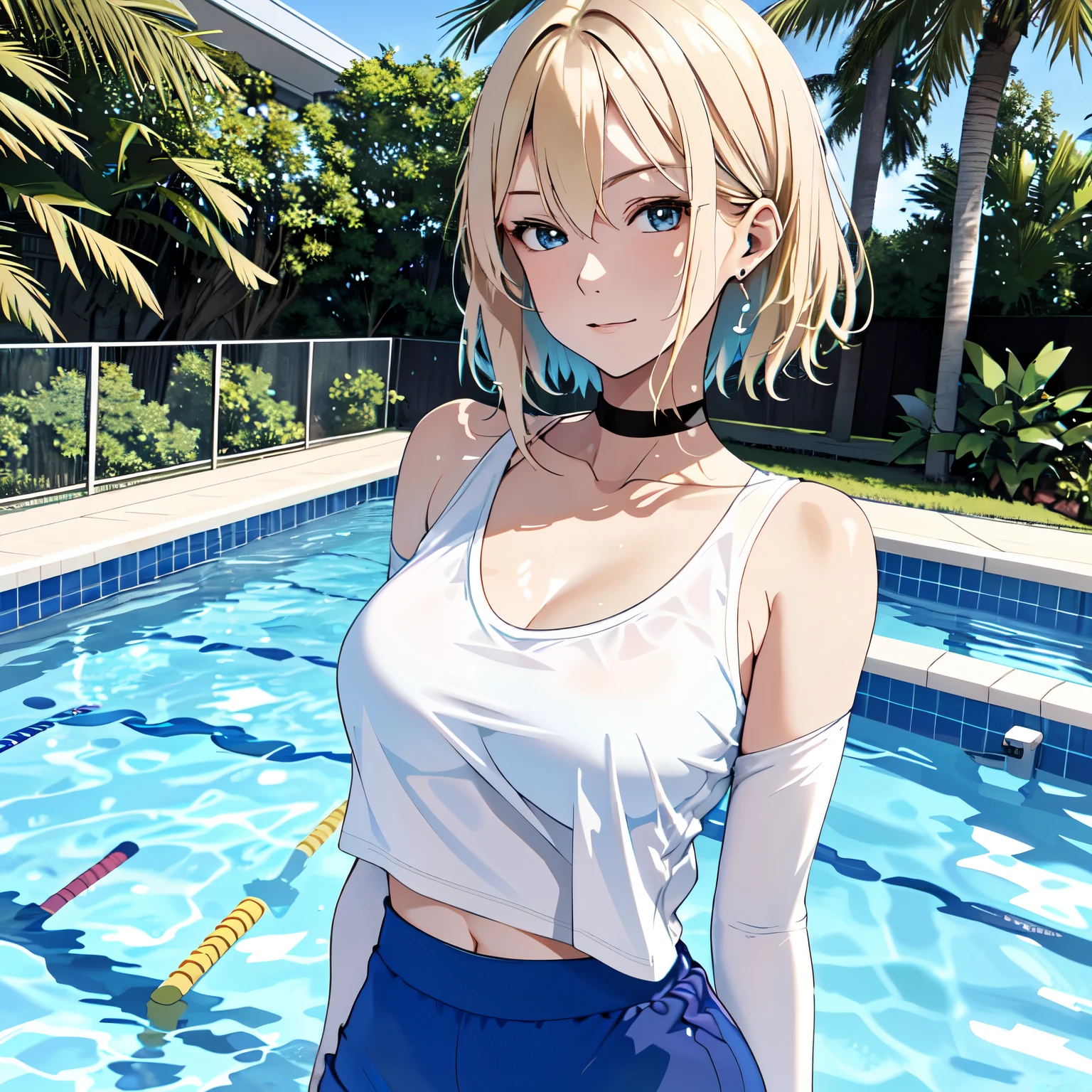 Create a photorealistic image of a young woman with shoulder-length blonde hair and blue eyes. She has large breasts and wears a white long-sleeve round neck T-shirt that is tightly fitted and has short sleeves, revealing her bare chest. She also dons a black cotton unicolor miniskirt. The woman is stepping out of a swimming pool, water droplets glistening on her body, leaving a large angular shot that emphasizes her form. The T-shirt clings to her figure, becoming semi-transparent as it absorbs water.