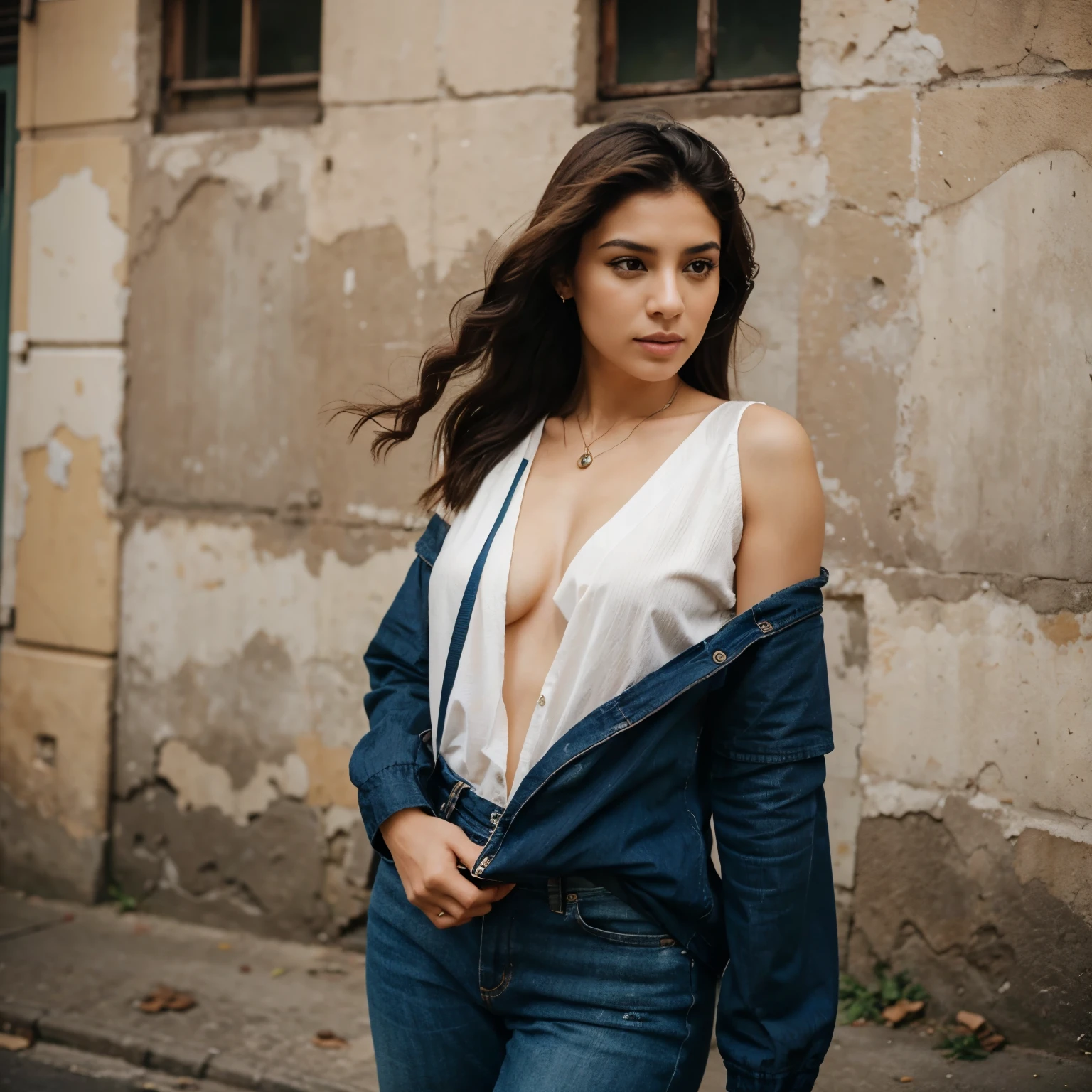 Do a realistic photoshoot of a woman with Brazilian characteristics, She doesn&#39;t need to be extremely beautiful, pode ser um ensaio urbano no estilo vintage