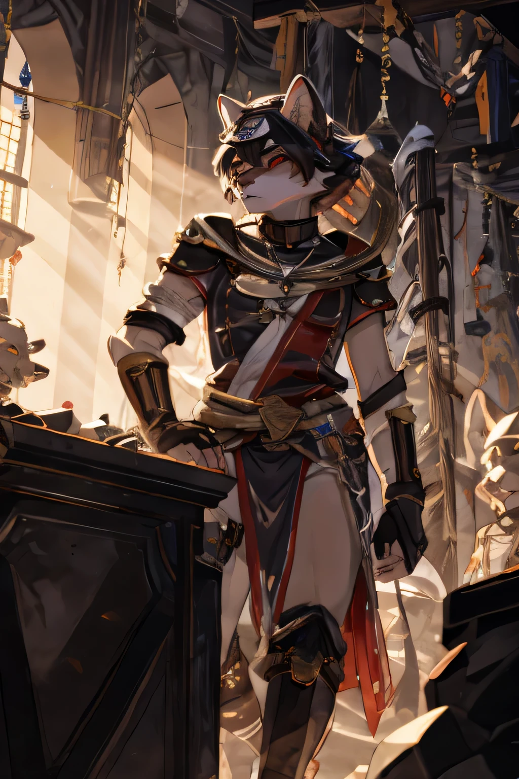 an anthropomorphic character, in warrior clothes , holding a gun. dramatic digital art, cinematic scene