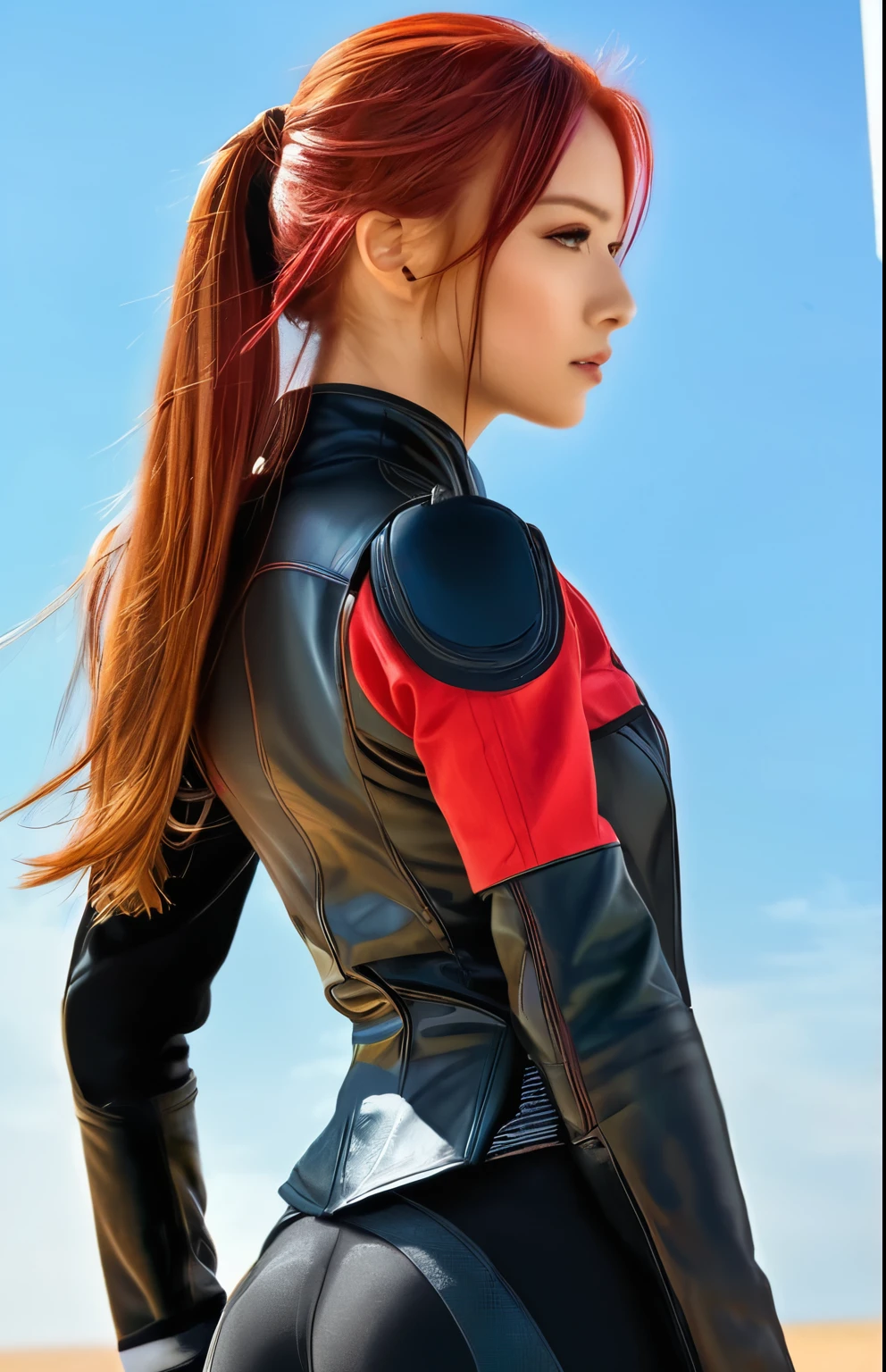 (masterpiece, highest quality:1.2), 1 girl, alone,Are standing_Split,
long hair,rider suit,red hair