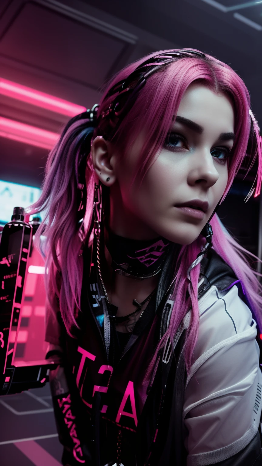 Arafed woman with pink hair and piercing in the room, haircut, окрашенная cyberpunk style, looks like a mix of grimes, she looks like a mix of grimes, looks like a mixture of dirt, 1 7 year old goth girl, shining pink face, looks like a mix of grimes, cyberpunk style, bright glow of cyberpunk, Мечтательная девушка cyberpunk style, цвет cyberpunk style