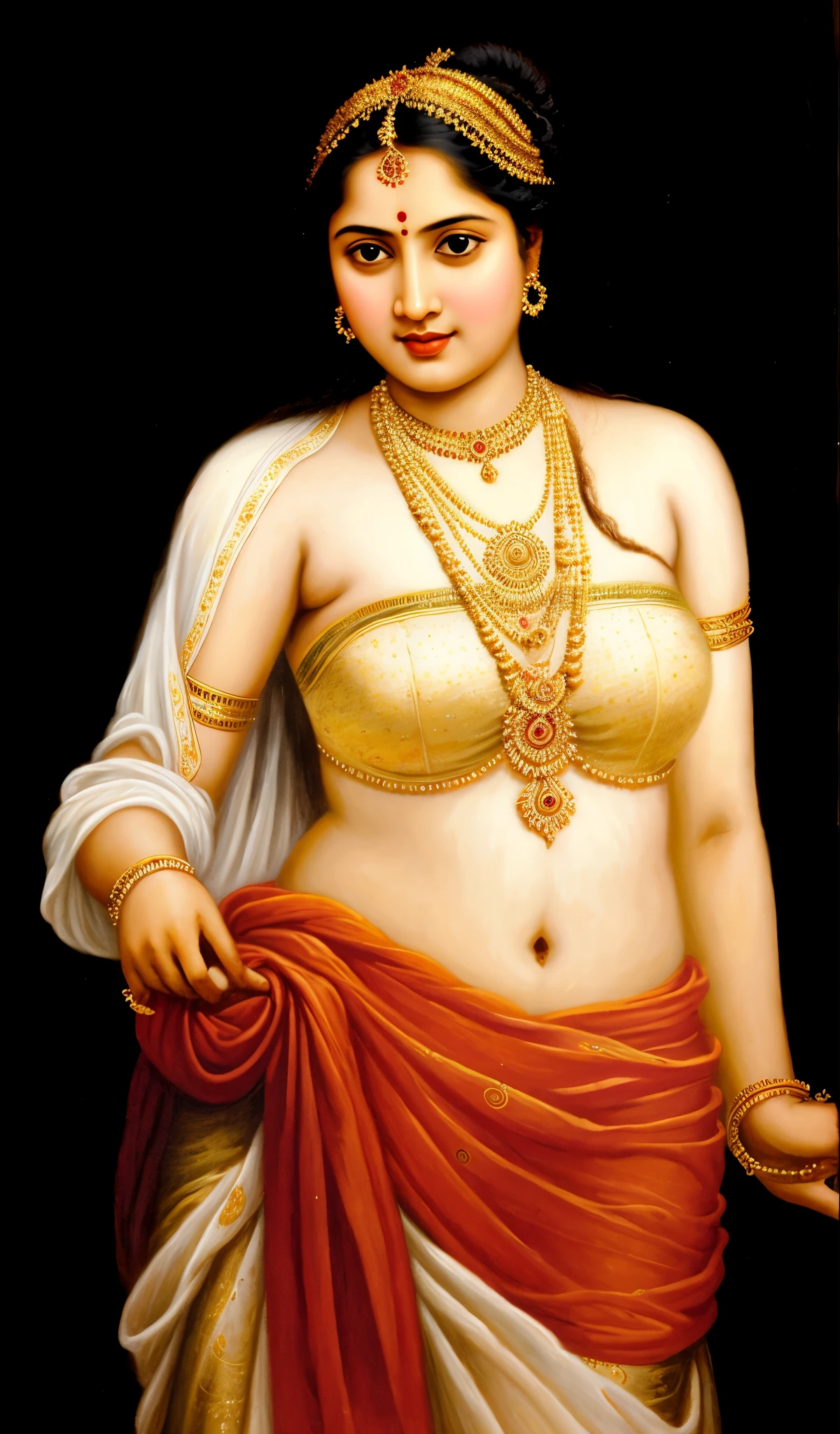 a oil painting of "Shakuntala" the famous mythological female character who exceptionaly beautiful, Apsara, Mohini, Kamini, based on Hindu mythology in Raja Ravi Varma Painting style, in baroque painting style, 19th century Academic Art, oviyar maruthi , exotic Indian art, oviyar maruthi painting,