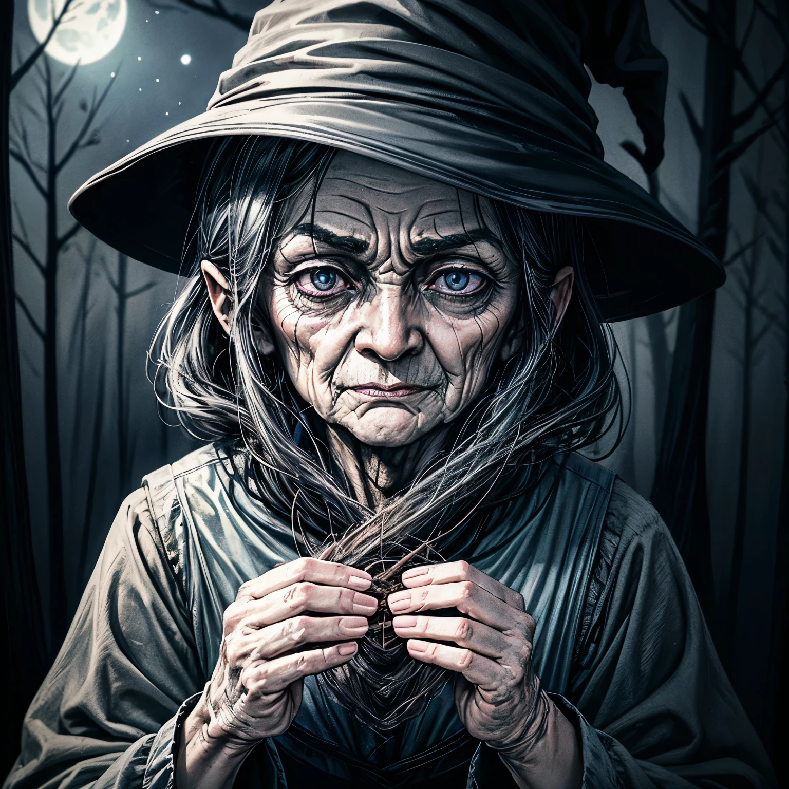 An old witch, wrinkled face, scary appearance, night sky, forest background, black magic