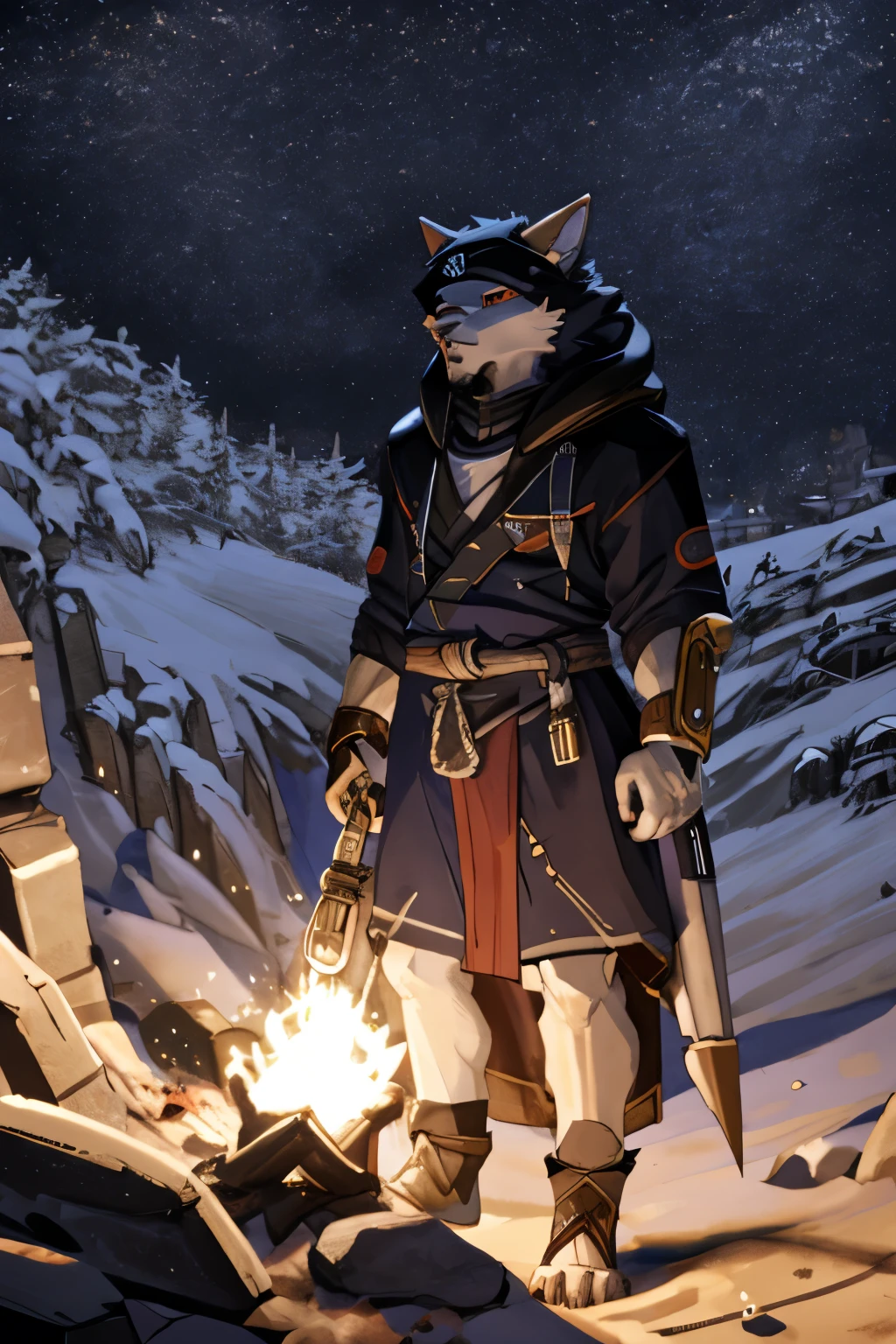 an anthropomorphic character, in warrior clothes , holding a gun. dramatic digital art, cinematic scene