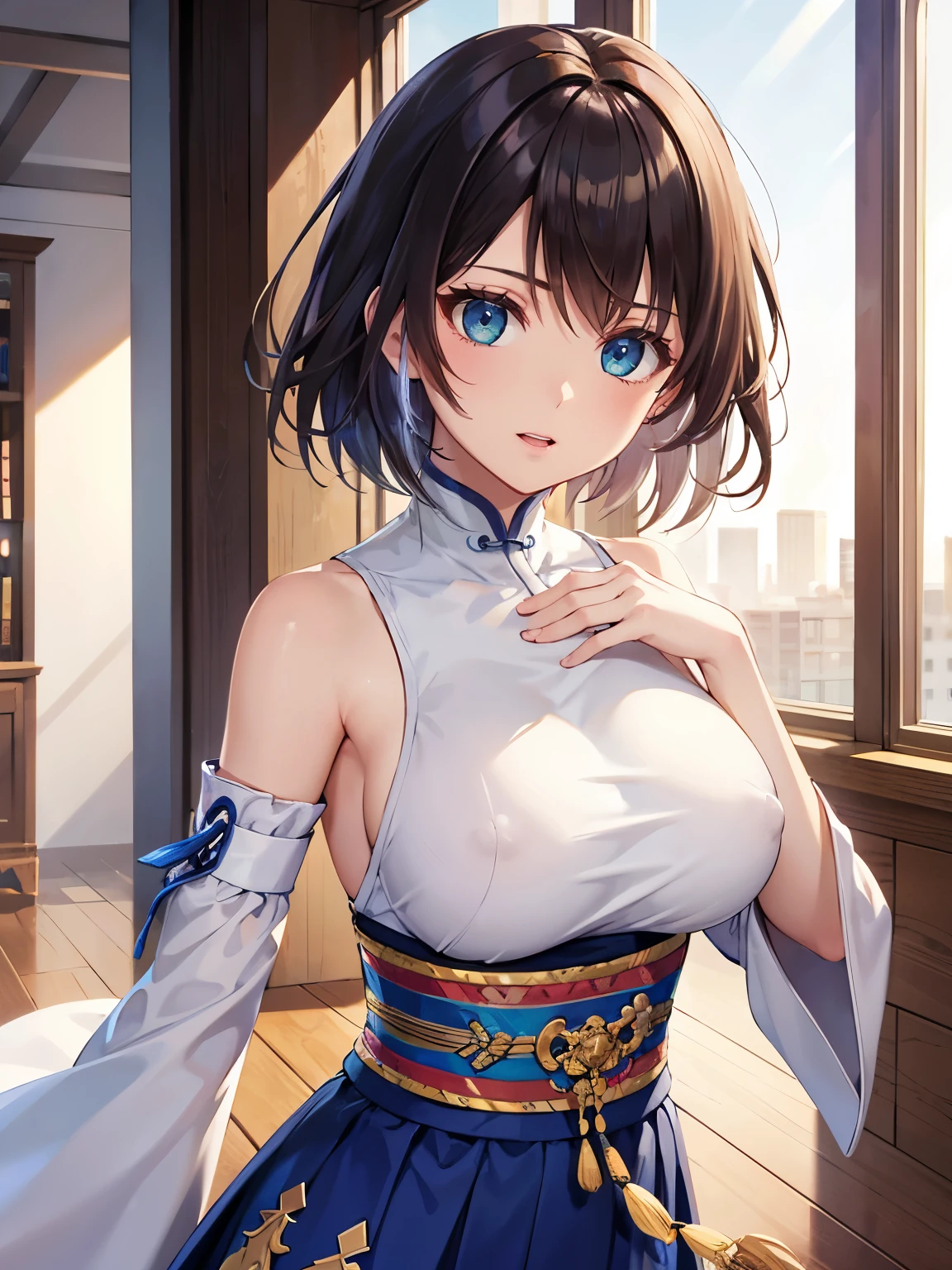 (1 girl),(high quality), (High resolution), (very detailed), (8K),(upper body shot),transparent costume,(CG illustration)Yuna FFX、heterochromiashort hair,Yuna FFX、heterochromia、short hair、yuna costume、hair ornaments、detached sleeves、Similarly、band、Similarlyスカート、long skirt,(Beautifully erect nipple shape),High resolutionの美しい目,(daylight white lighting:1.2),dancing,