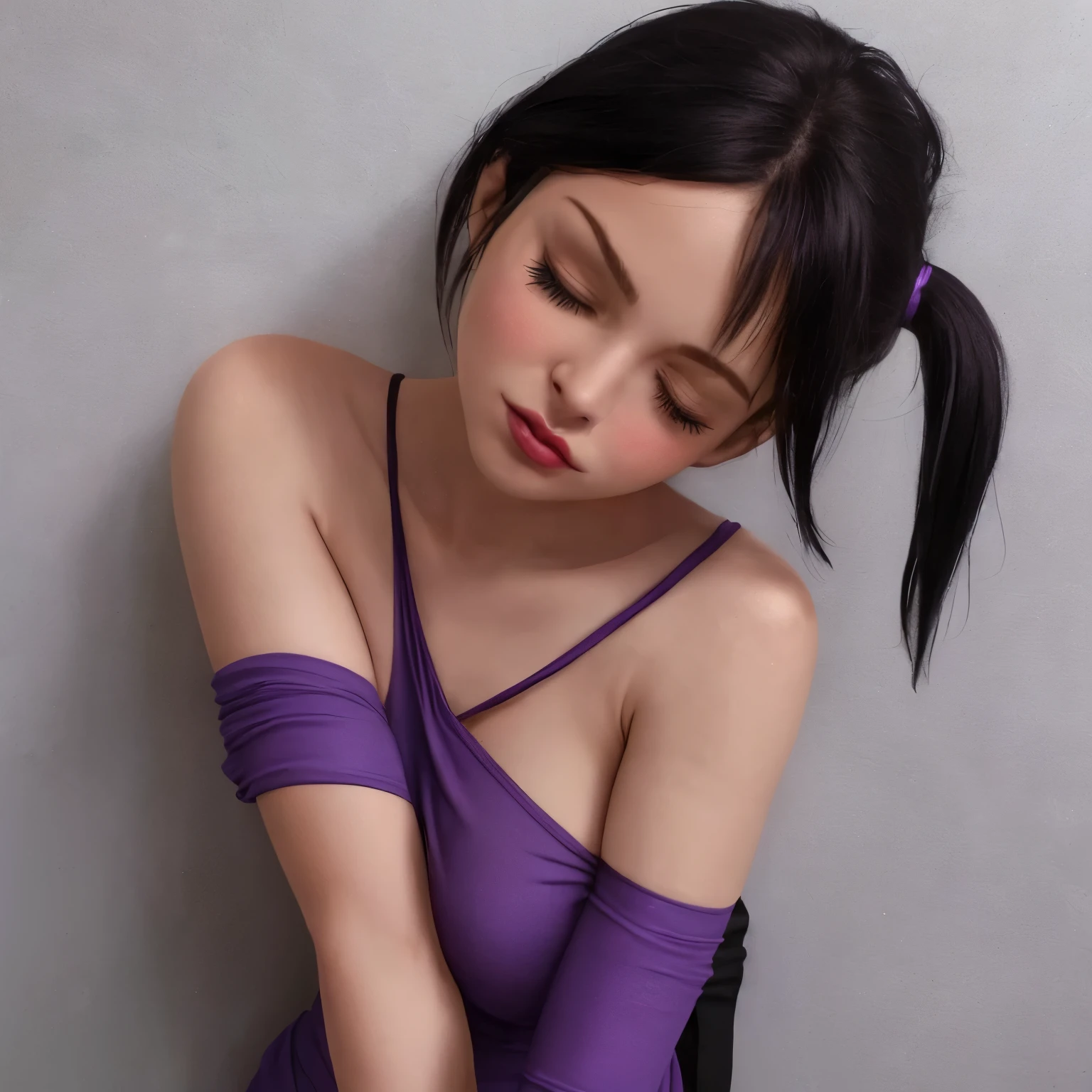 a short sexy woman wearing purple t shirt and black tracks, pinned against the wall, eyes closed, lips parted, blushing intensely, ready to kiss
