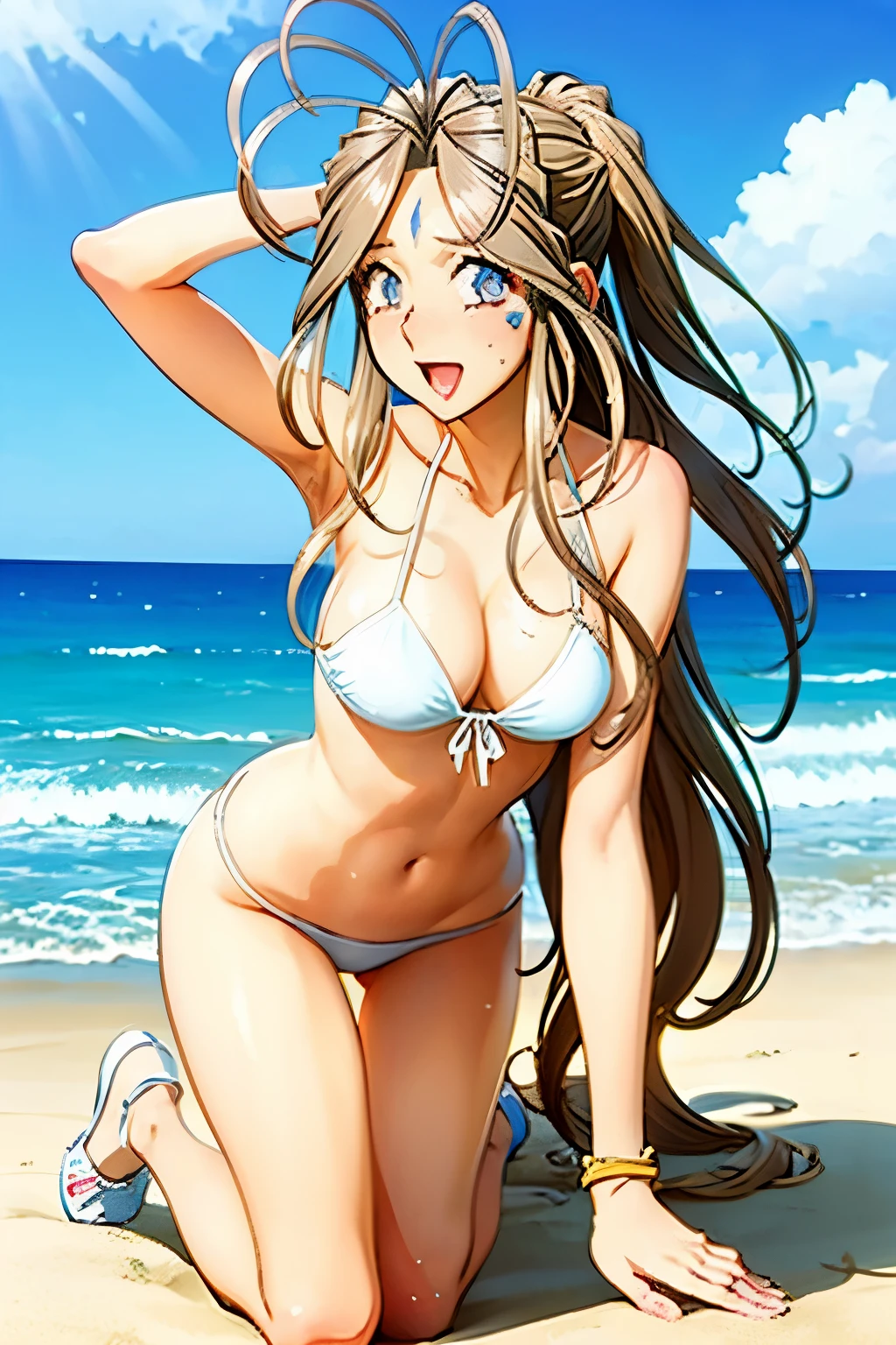beach, yawning face, hand on heads, offshoulder, 40k, photography, masterpiece, best quality, (Belldandy), medium breasts, (white bikini, white shoes), varied poses,