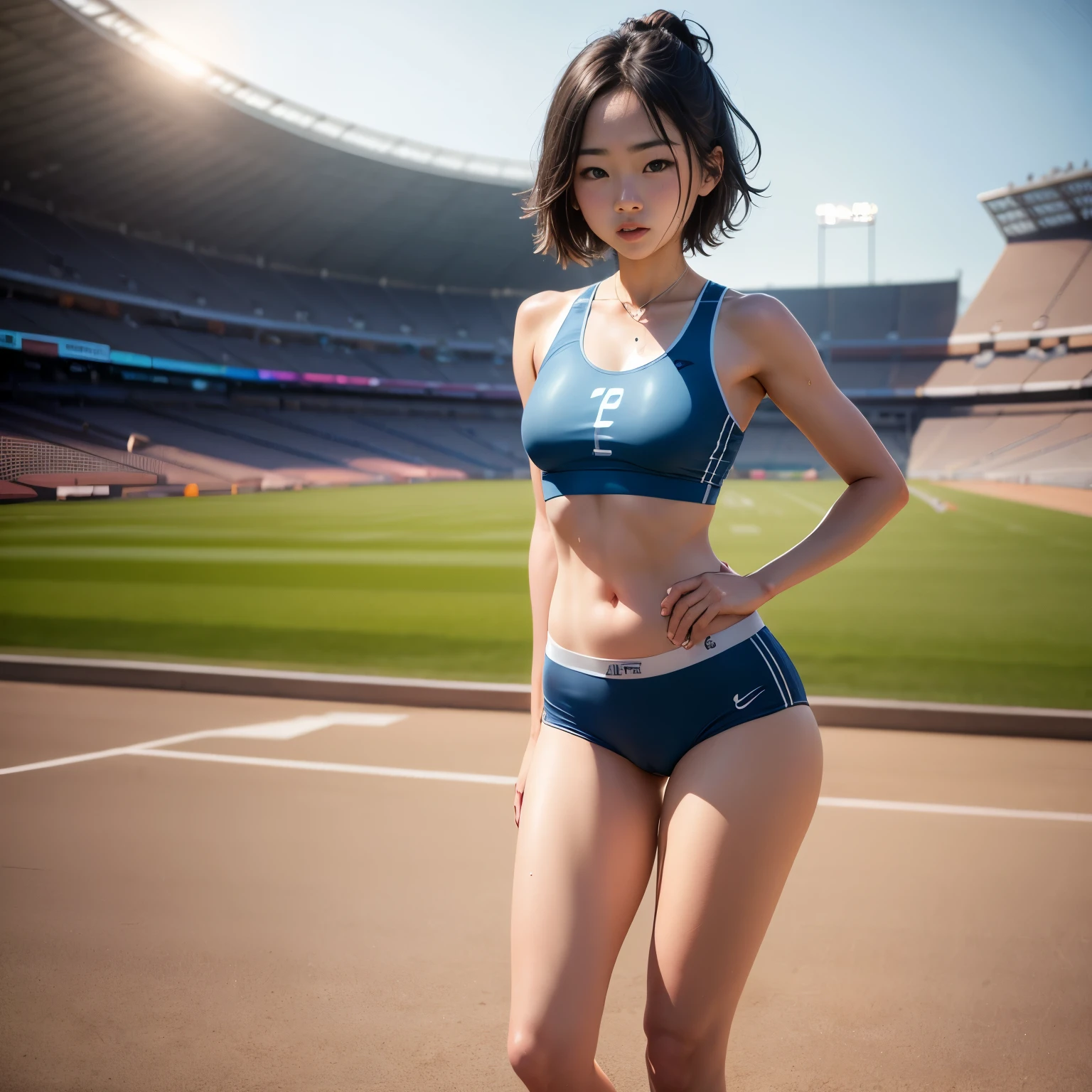 ultra high resolution photos、Accurate depiction of the human body、sunlight、Full body Esbian、Athletics、young girl、"Photographed alone"、With the athletics stadium in the background、very accurate super young girl、very, very young face、"small sports bra for exercise"、"Crotch exposed"open crotch"bloomers"、"The hips are exposed"、"extremely small breasts"、"very young short girl"、Sweat、Climax、Cumming face、pleasure、charming