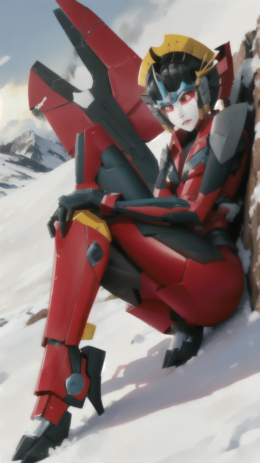 Windblade shivering in the cold on a snow-filled mountain while his legs are crossed and shaking