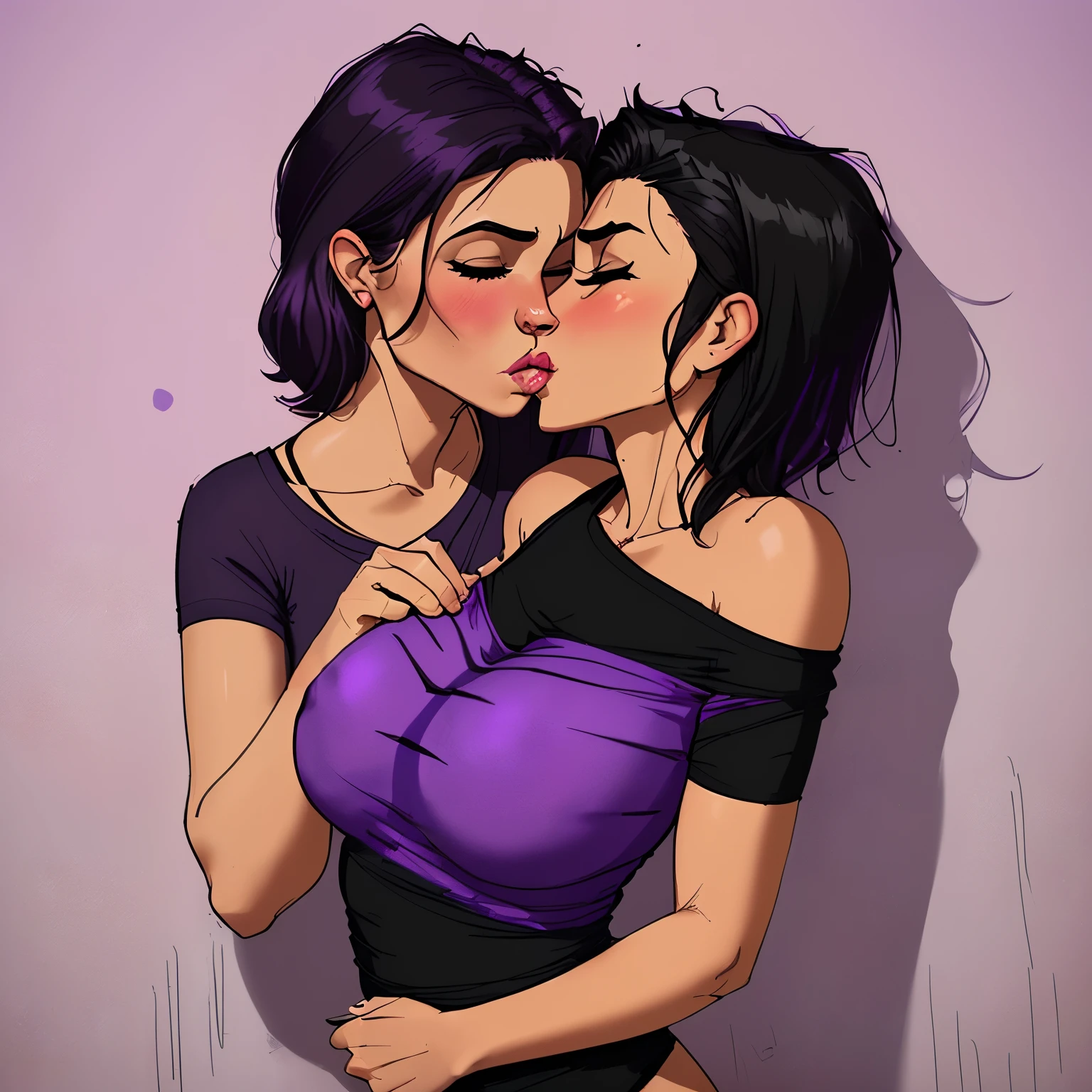 a short sexy woman wearing purple t shirt and black tracks, pinned against the wall, eyes closed, lips parted, blushing intensely, ready to kiss