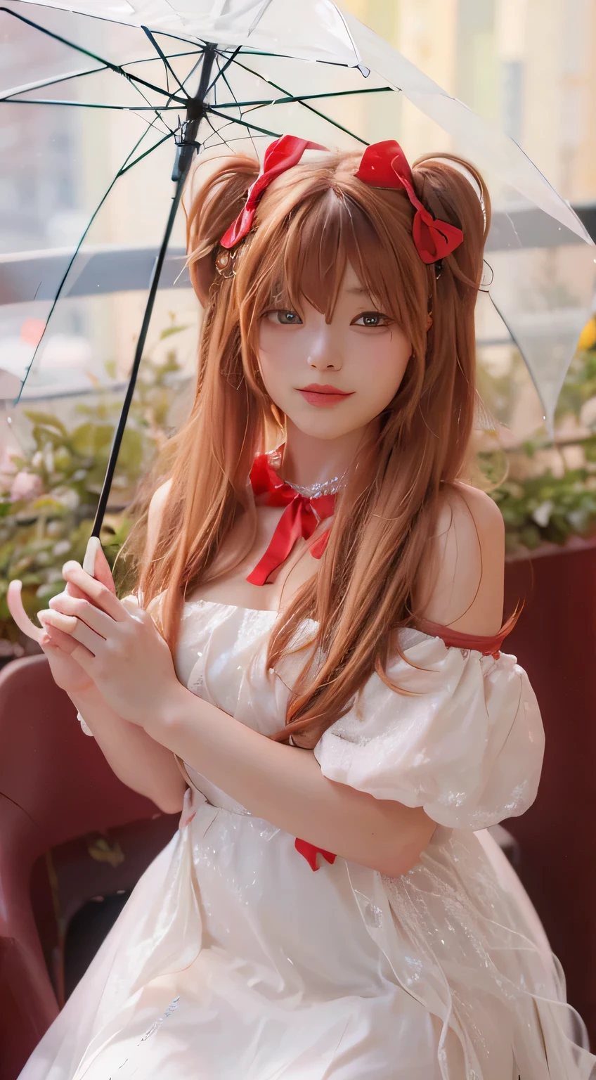 There is a woman in a white dress holding an umbrella, anime girl role play, ayaka role play, anime role play, Asuka Masatoshi soryu, portrait of Asuka Masatoshi soryu, role play photo, Beautiful Asuka in Neon Genesis Evangelion, role play, Asuka Masatoshi sohryu, Asuka Masatoshi souryuu, Asuna from sao, Asuka Masatoshi, role player
