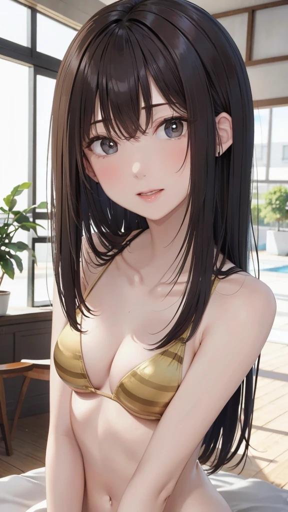 camel's toe, o-face, cinematic light, 8K resolution, (detailed eyes and skin), perfect body, Anatomically correct, beautiful face, double eyelids, thin eyebrows, long hair, natural lip color, swimsuits, Japanese woman, 28 years old, sexy lady, cheek became red, slender body, small-size breast, sweaty, ahegao, by the pool