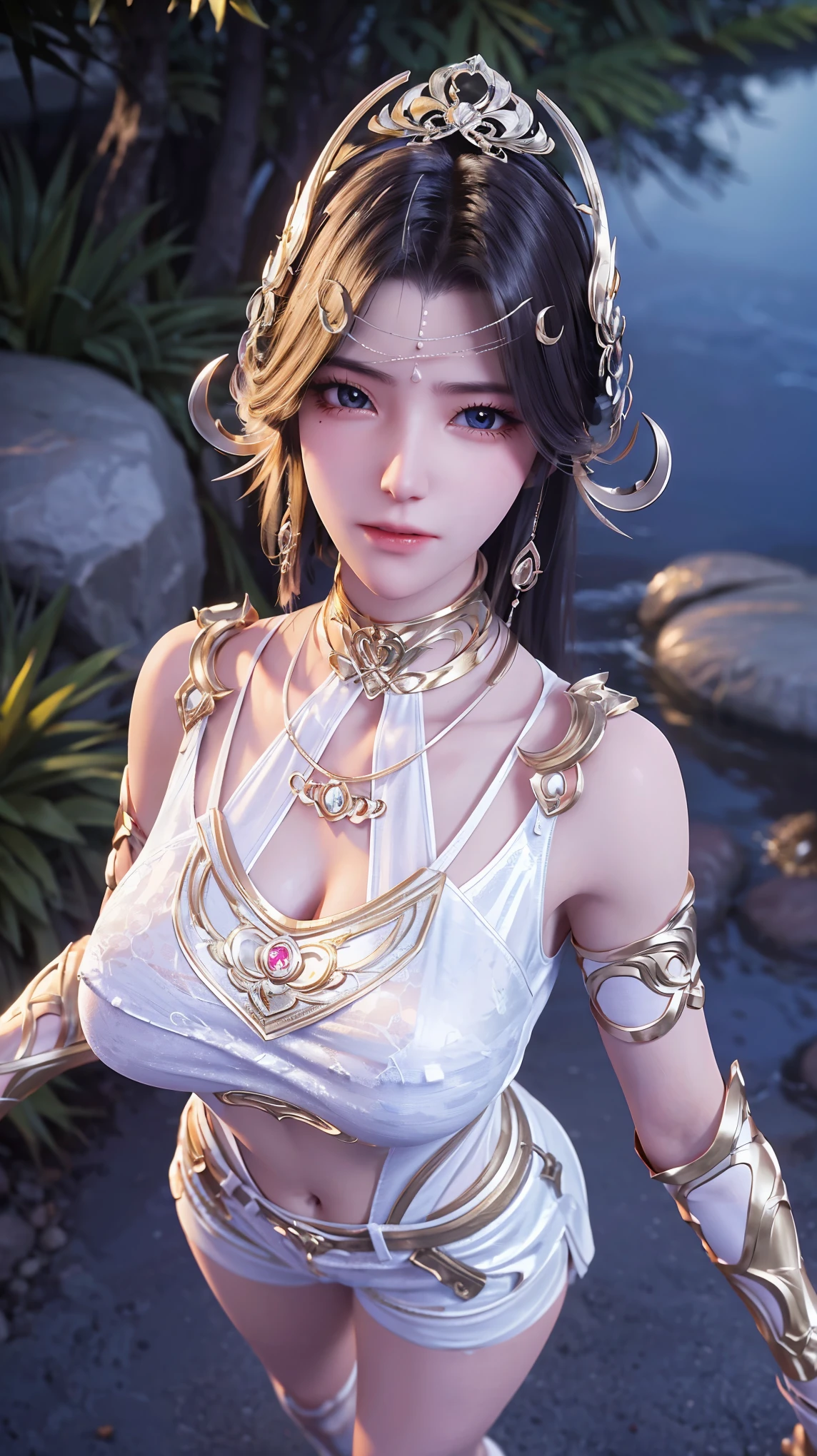 a white hair、Close-up of woman wearing white mask, beautiful figure painting, guweiz, Gurwitz style artwork, White-haired God, author:Yang Jie, Epic and beautiful character art, Stunning character art, author:FAN Qi, by Wuzhun Shifan, pixiv art station street guweiz, single ponytail, insult, high ponytail, tall figure, long legs, (sleeveless lace shirt), (shorts), (striped )), ((striped )), Walk, elegant, dignified, feminine, beautiful curves, sweet smile, Strong sense of detail and layering, Colorful and gorgeous, Has a unique texture, colorful, Color harmony, vivid, design art, 16K, super detailed, {{illustration}}, {extremely delicate and beautiful}, {Exquisite surface treatment}, super detailed, Exquisite glowing eyes, {{movie lighting}}, Extreme light effects, Model: realism, CFG size: 12, Laura: Bright texture (1.35), high quality, masterpiece, Exquisite facial features, Delicate hair depiction, Detailed depiction of eyes, masterpiece, best quality, Ray tracing, Extremely detailed CG unified 8K wallpaper, masterpiece, best quality, (1 girl), perfect female figure, (((White tight T-shirt))), beautiful eyes, (delicate face), short black hair, hair tied up, Light blue hairpins, (White skin), (best lighting), (Super intricate details), 4K unified, (super detailed CG), Showing white legs, , hot pants, shorts,