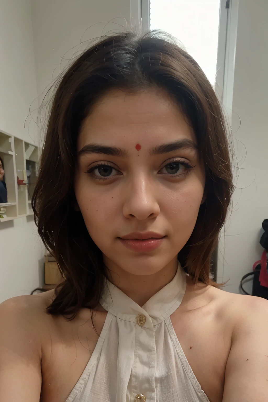 ((best quality)), ((masterpiece)), (detailed), perfect face beautiful indian girl, 24 years of age with black straight hair, natural light, instagram influencer, realistic image, whiter face tone, realistic skin, biting her half lip
sexy and seductive pose, with makeup