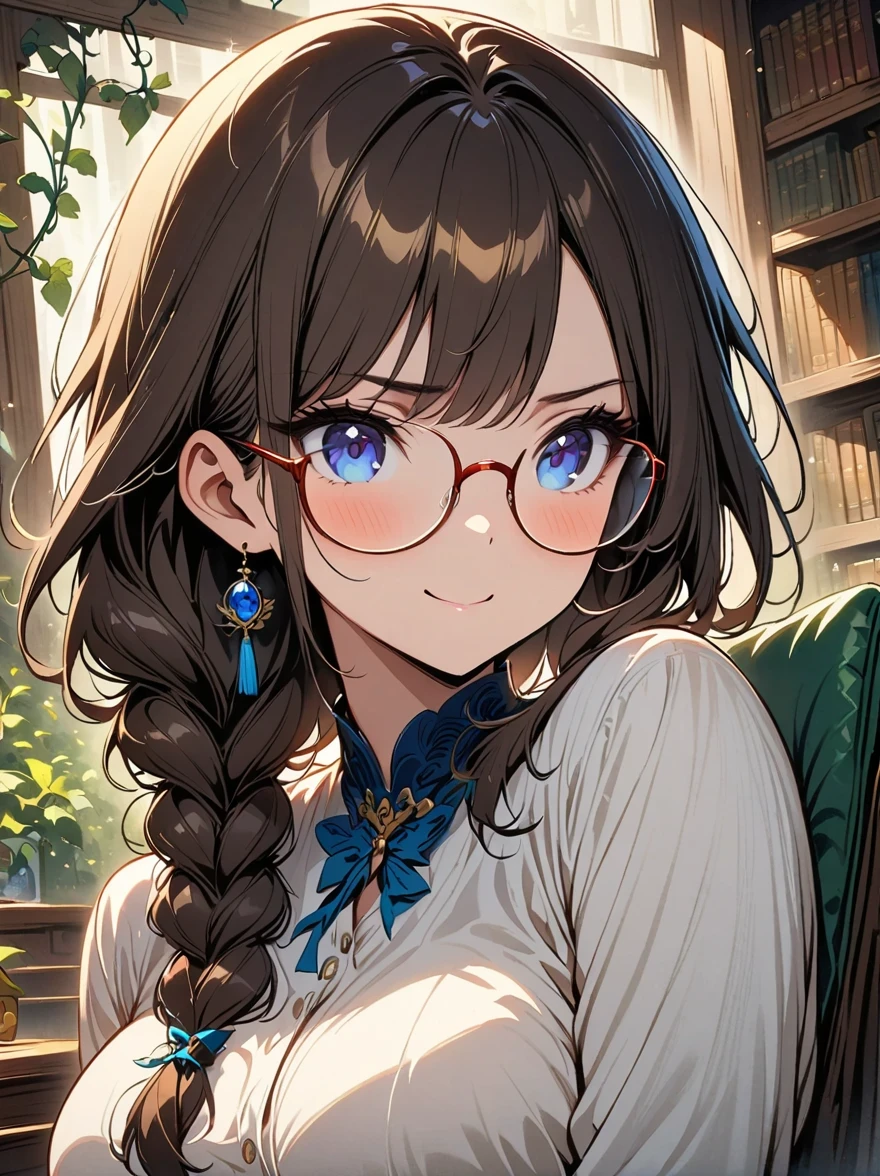 alone, 1 girl, masterpiece, best quality, extremely detailed, movie lighting, intricate details, high resolution, official art, Exquisite and beautiful face and eyes, High resolution illustration, 8K, dark intense shadow, overexposure, [blonde hair/brown hair], single braid, blue eyes, Glasses, smug, sit on the chair, Upper body, Big breasts, White shirt, sling, Book_heap, library, ((vine)), Rose, looking at the audience