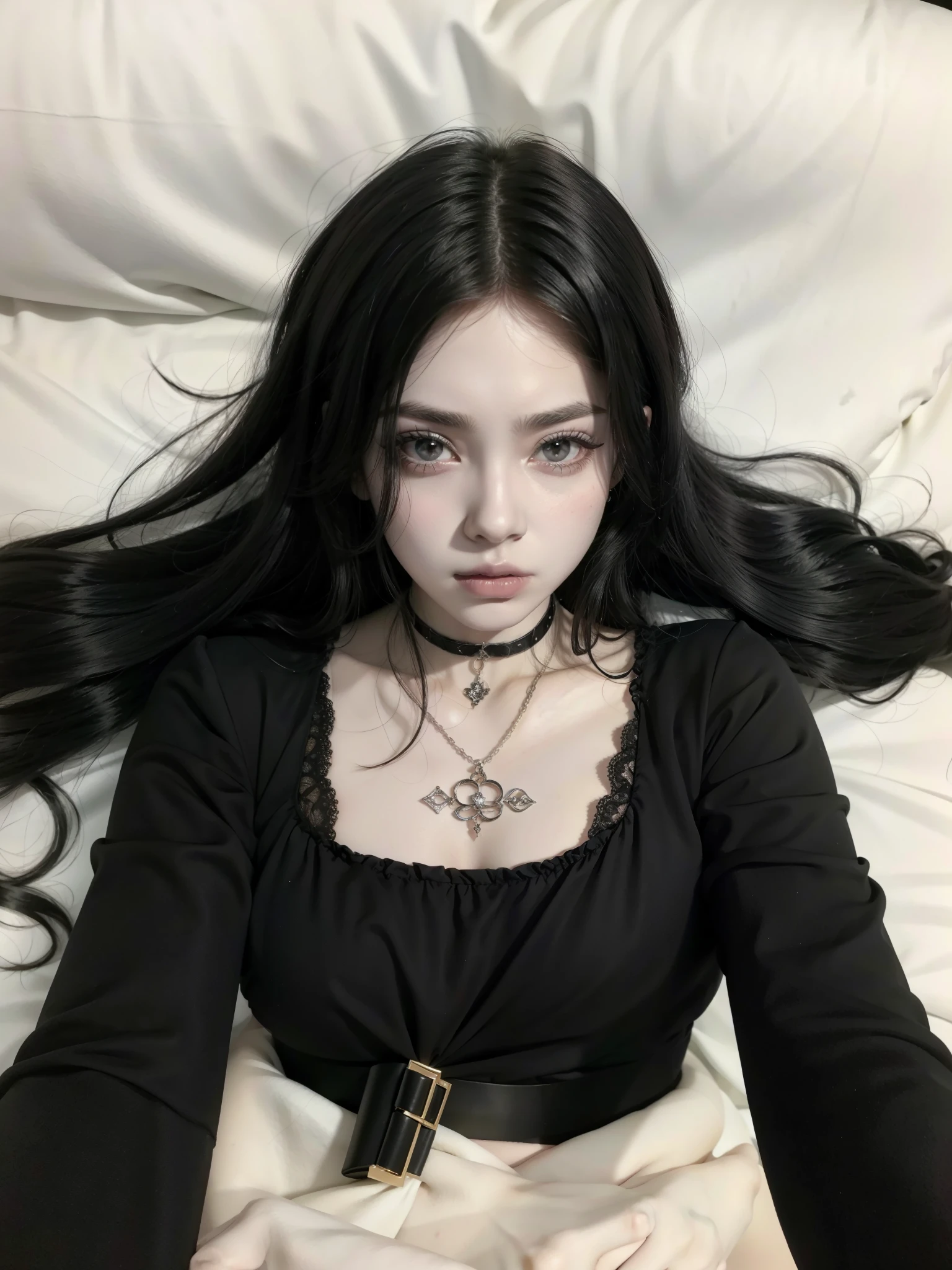 mulher arafada com maquiagem branca e top preto deitada na cama, pale gothic beauty, 1 7 - year - old goth girl, cruel korean goth girl, 1 7 - year - old anime goth girl, goth girl aesthetic, gothic aesthetic, extremely pale white skin, gothic horror vibes, goth girl, darkwave gothic aesthetic, pale porcelain white skin