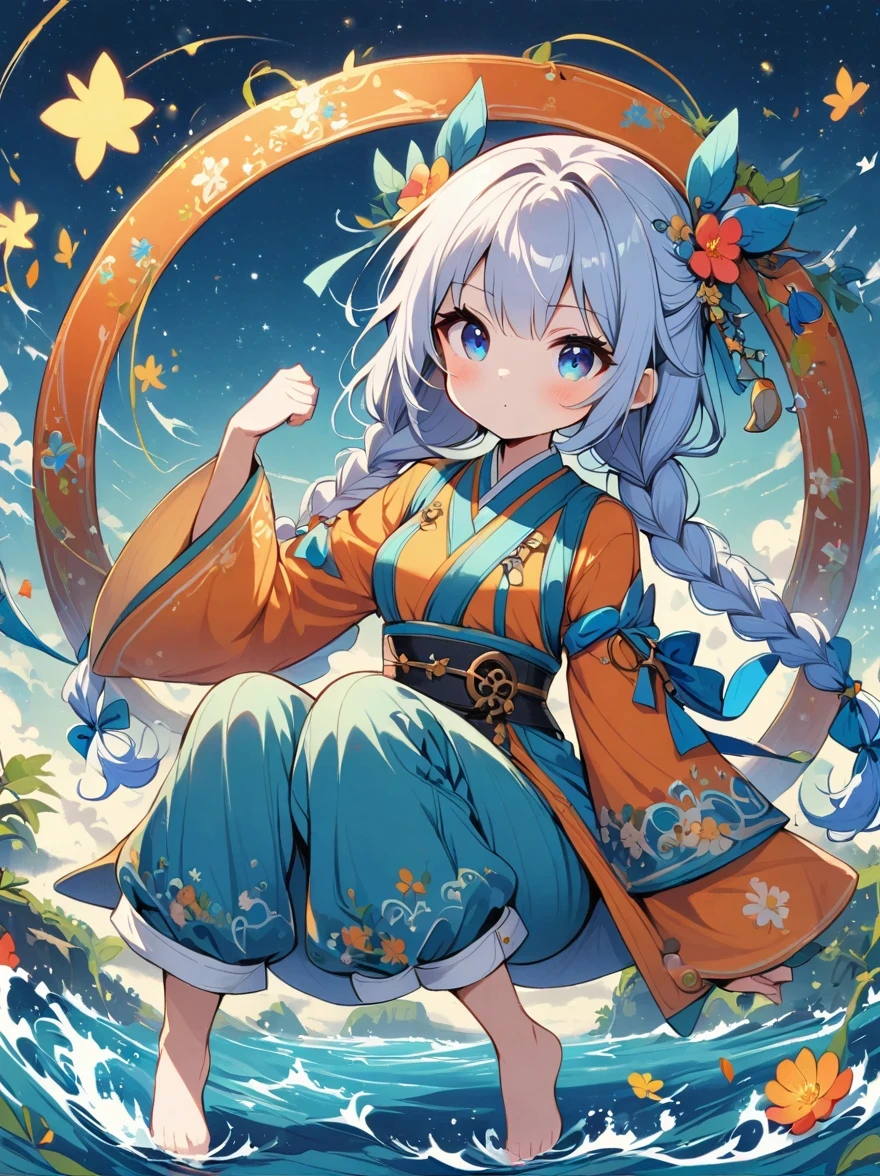 1 girl, orange sleeves, white hair, White skin, light blue hair accessories, Blue suspenders, blue clothes, light blue eyes, barefoot, Double braids