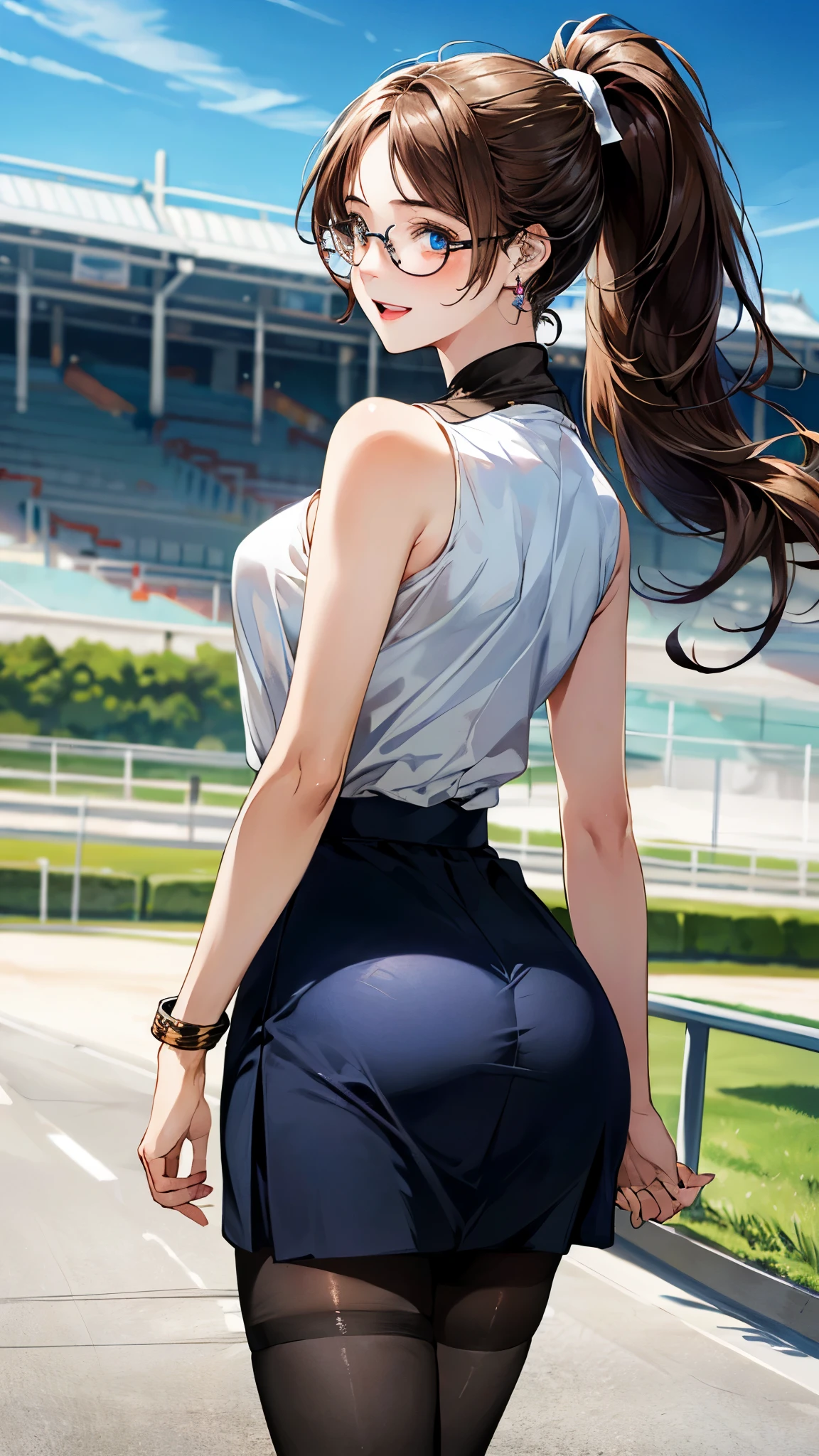 (masterpiece:1.3, top-quality, ultra high res, ultra detailed), (realistic, photorealistic:1.4), beautiful illustration, perfect lighting, natural lighting, colorful, depth of fields, nfsw,
looking at viewer, (back shot), face forward, ass forcus, 1 girl, 15 years old, cosplay, perfect face, (perfect anatomy), cute and symmetrical face, baby face, (pale skin), ((ultra detailed skin))
(long hair, ponytail, light brown hair), swept bangs, blue eyes, (big eyes), clear eyes, long eye lasher, (medium breasts, thick thighs, big ass), very slim,
beautiful hair, beautiful face, beautiful detailed eyes, beautiful clavicle, beautiful body, beautiful chest, beautiful thigh, beautiful legs, beautiful fingers, beautiful lips,,
(sexy magical girl costume, skirt), opened breast, frameless glasses, beautiful earrings, bracelets, pantyhose,
(beautiful scenery), in the dark, (racetrack), walking, backtrack, (seductive smile, upper eyes, open mouth small),