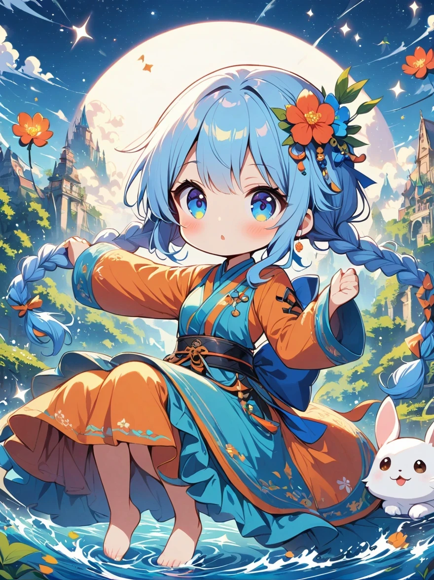 1 girl, orange sleeves, white hair, White skin, light blue hair accessories, Blue suspenders, blue clothes, light blue eyes, barefoot, Double braids