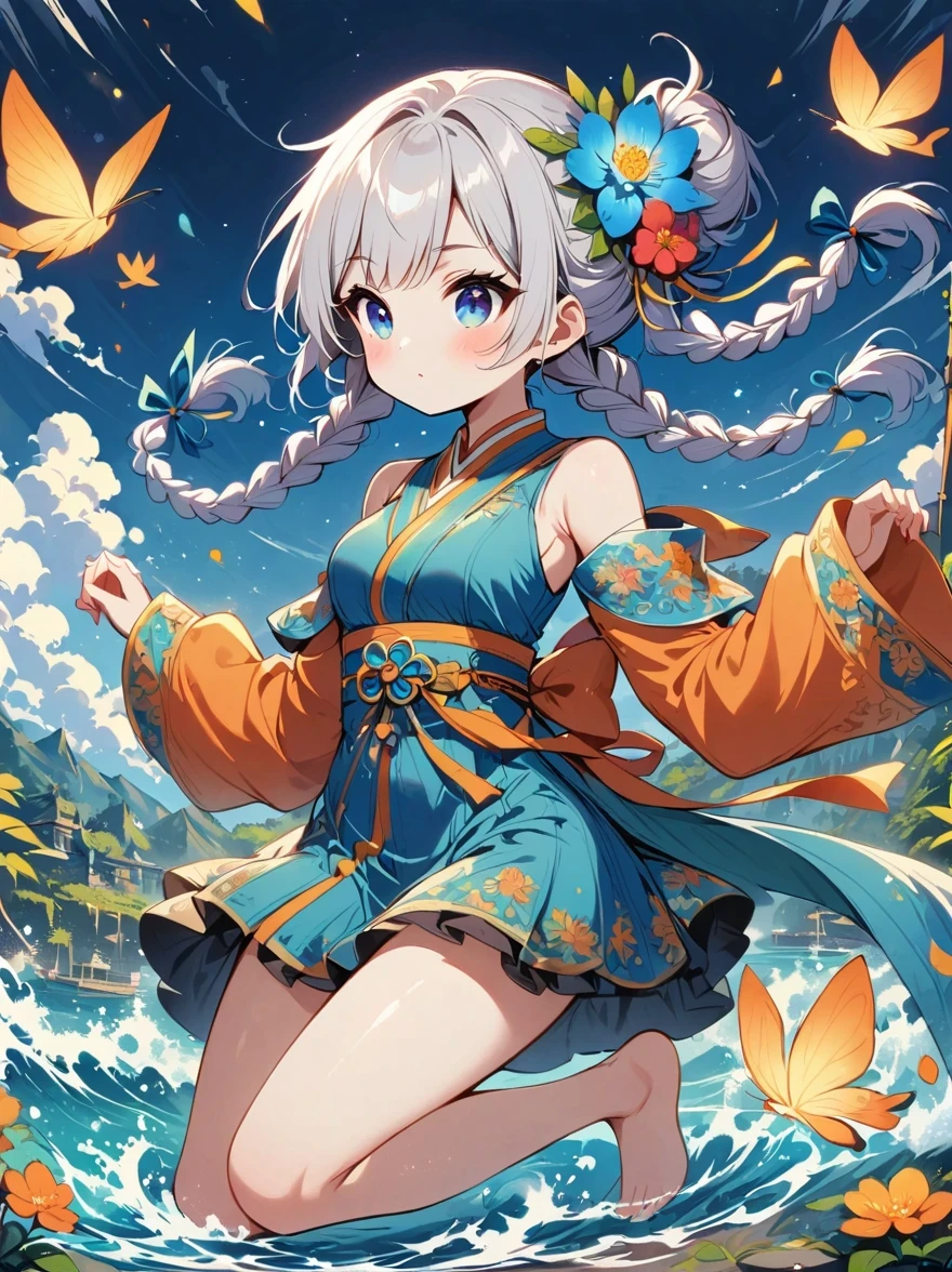 1 girl, orange sleeves, white hair, White skin, light blue hair accessories, Blue suspenders, blue clothes, light blue eyes, barefoot, Double braids