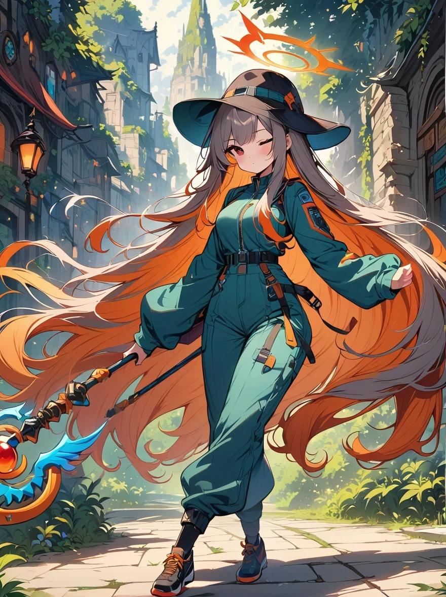 (masterpiece), best quality, Super detailed, illustration, warm light, bright colors, 1 girl, alone, Very long hair, gray hair, orange hair, Orange inner hair, Red eyes, Colored inner hair, bicolor hair, ahog, Ridiculously long hair, orange Colored inner hair, colorful hair, halo, , , jumpsuit, flowing hair, Wind, one eye closed, staff, skirt, armor, hat, floating,, ,