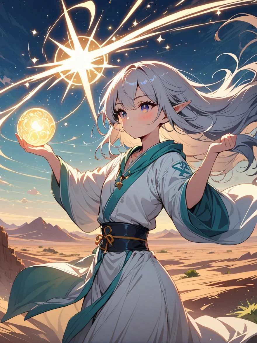 masterpiece, Excellent, single, 1 person, male, youth, teenager, wizard, lose weight, Elf, silver hair, long hair, gray pupils, floating ball of light, white robe, robe, Relax, Desert detailed background