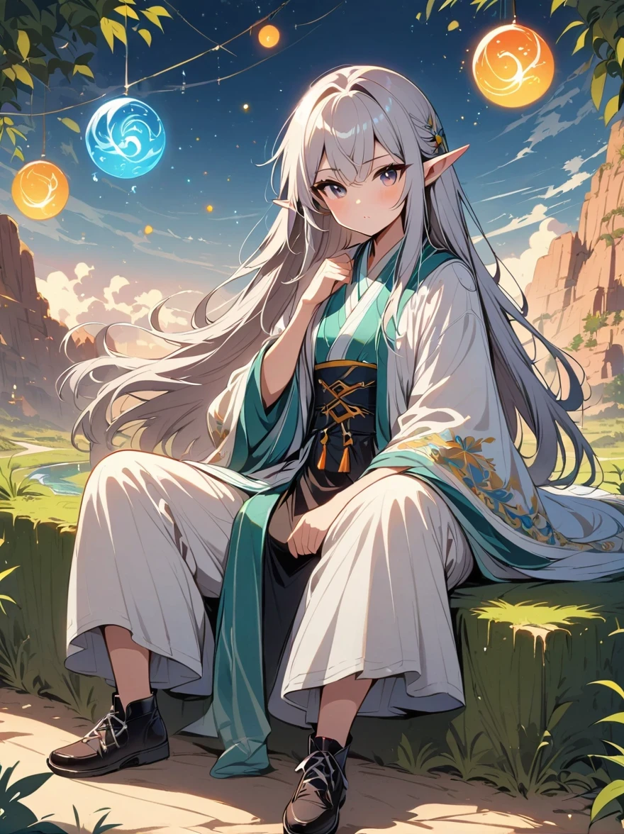 masterpiece, Excellent, single, 1 person, male, youth, teenager, wizard, lose weight, Elf, silver hair, long hair, gray pupils, floating ball of light, white robe, robe, Relax, Desert detailed background