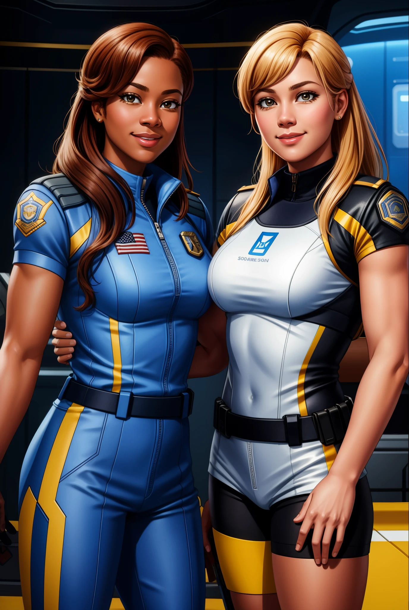 2girls, NSFW, (((medium shot))), upper body, attractive, young, (muscular, topless) women, indoors, (looking at camera. ((Smirk))). Abs. Blonde. Collar, chastity belt. Beautiful eyes, perfect eyes, (((scifi))).
