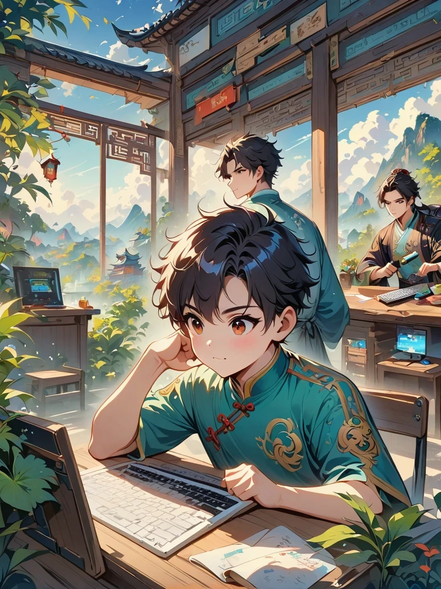 anime boy sitting at desk, cute boy, holding and keyboard, ((Xin Haicheng)), studio brisk Xin Haicheng, Gouves style artwork, Xin Haicheng. digital rendering, Digital animation illustration, plan, Xin Haicheng art style, Xin Haicheng style, Xin Haicheng!