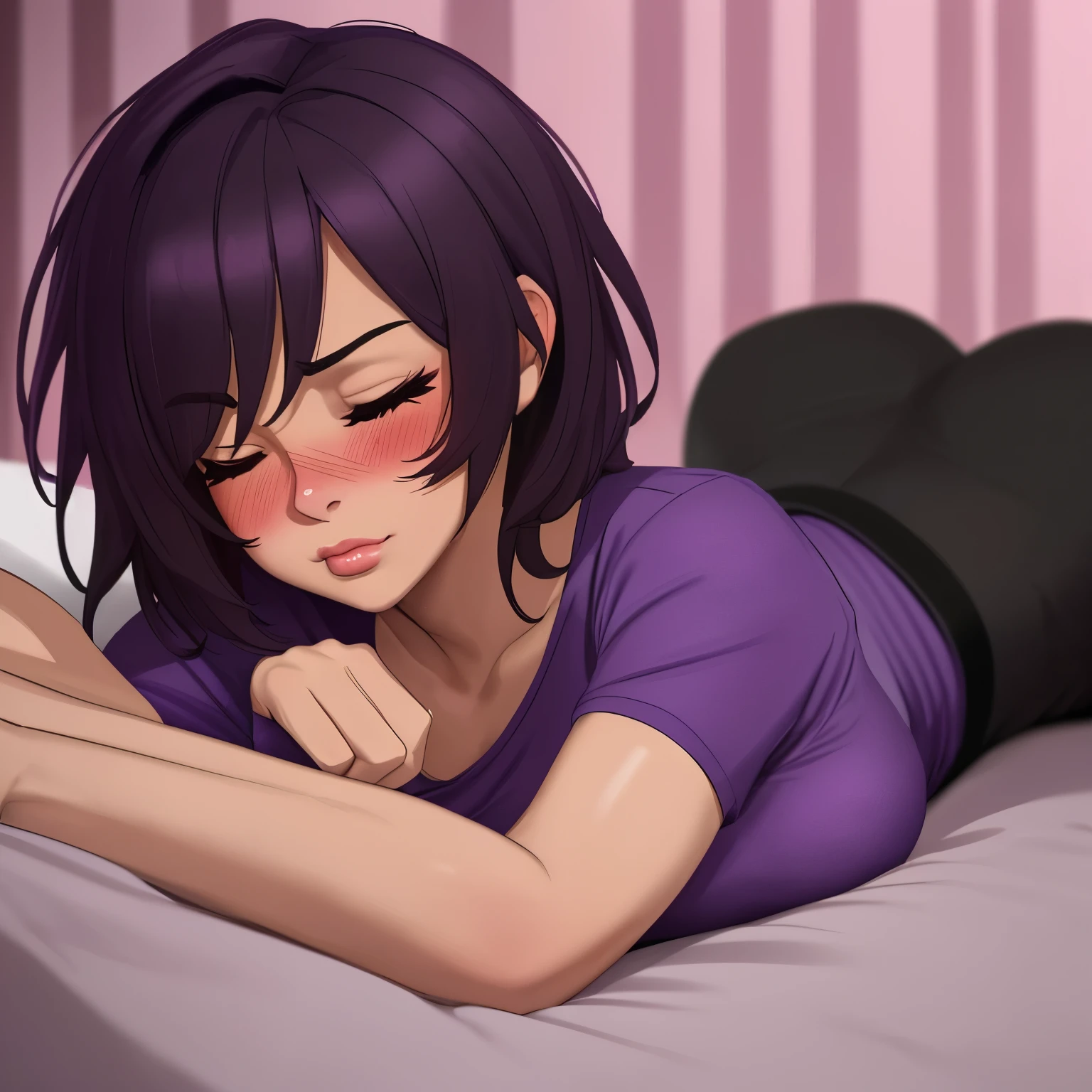 a short sexy woman wearing purple t shirt and black tracks, eyes closed, lips parted, blushing intensely, ready to kiss, lying on bed