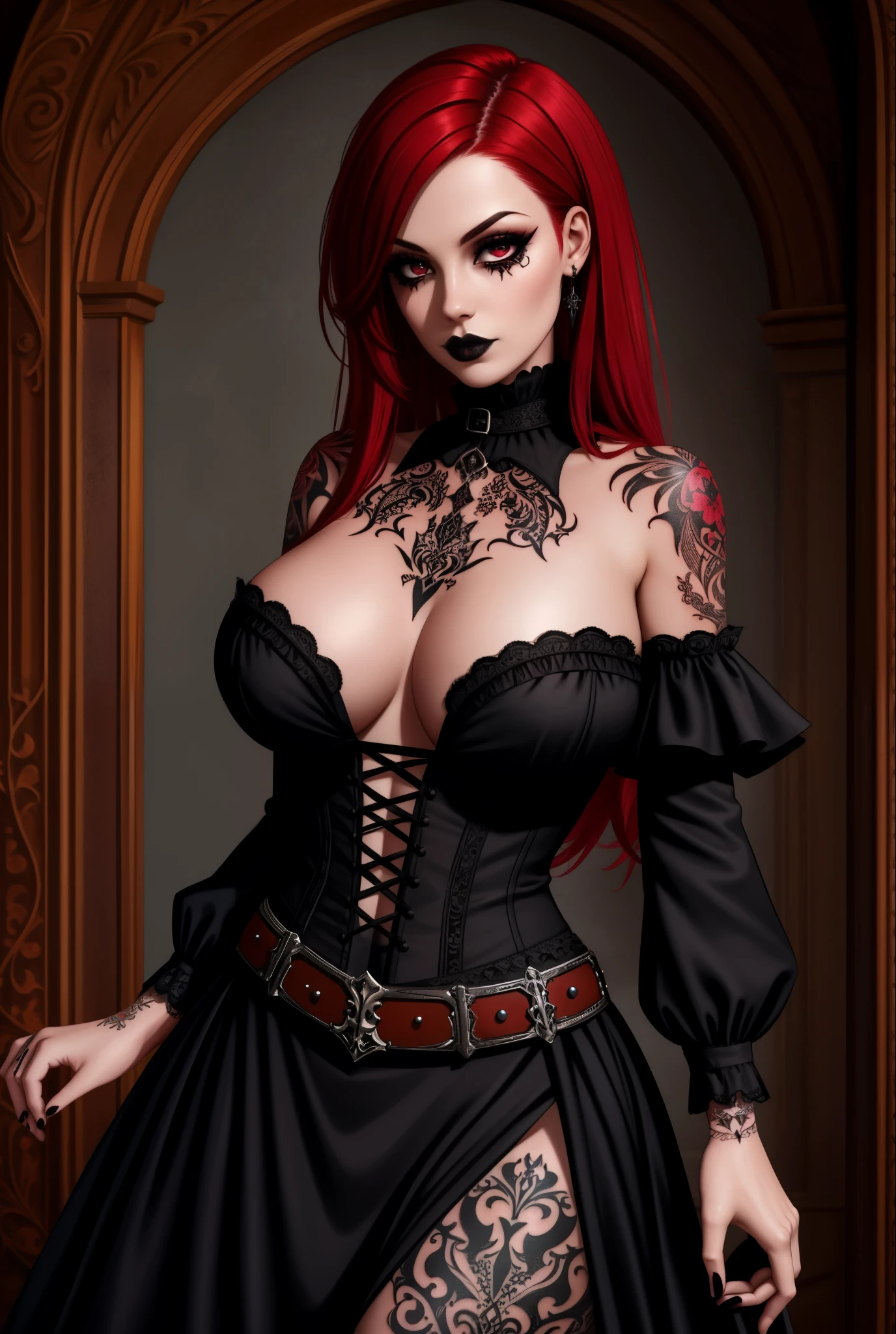 woman with a gothic tattoo on her chest, chest tattoo,gothic tattoos, crimson hair, topless, gothic dress, cowboy shot
