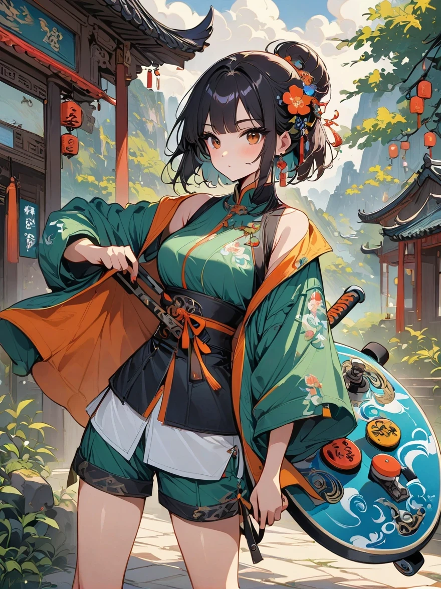 masterpiece, best of quality, (Very detailed ofCG unified 8k wallpaper) (best of quality), (Best Illustration), best of shadow, (A skateboarding girl: 1.3), 13 years old, cute of, short hair white hair, hat, Sweet and cool, Eyes of sparkling details, (colored flight suit), fashionable shorts, (Colorful skateboard: 1.1), pink of, of, blue of, street, rock, (best of quality, Stunning of details: 1.25), (own of), Brilliant and colorful paintings