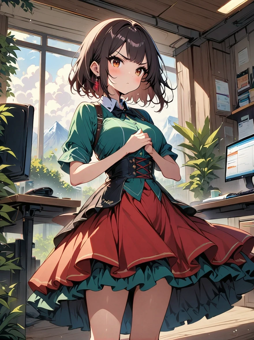 masterpiece, Excellent, (office: 1.8), Ultra-high-detail CG drawings, permanent, 1 Royal sisters, angry, woman with short brown hair, layered dress, hands crossed at waist, Face the audience, illustration, wide angle panorama